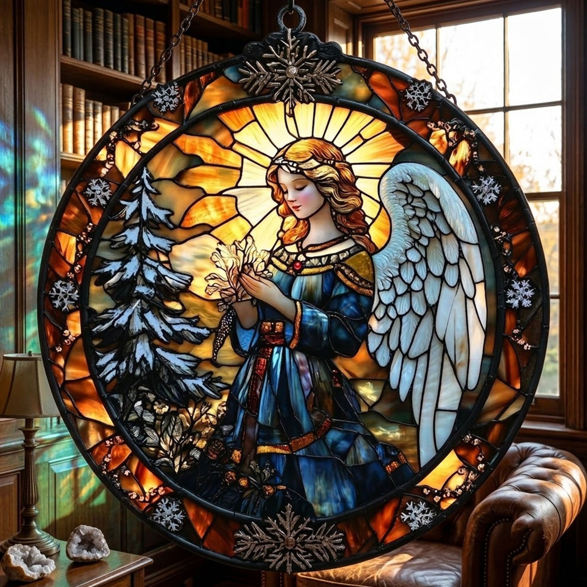 Winter Angel Suncatcher, Stained Glass Window Hanging, Catholic Christmas Decor Gift