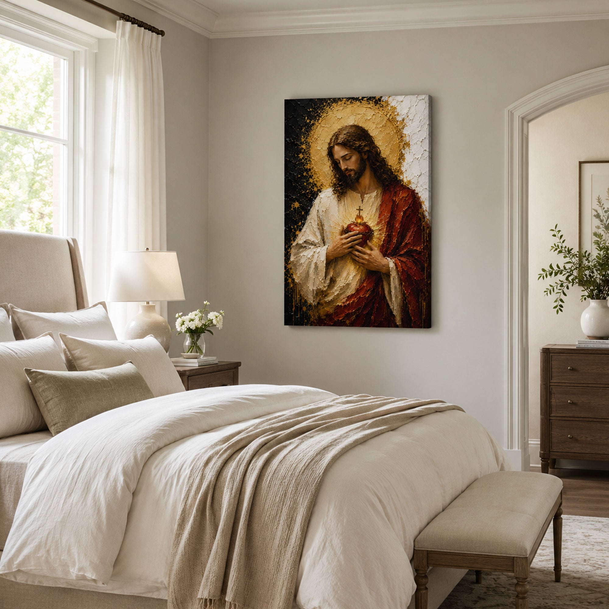 Sacred Heart of Jesus Canvas Print, Catholic Jesus Wall Art, Gold and Red Faith Home Decor Gift