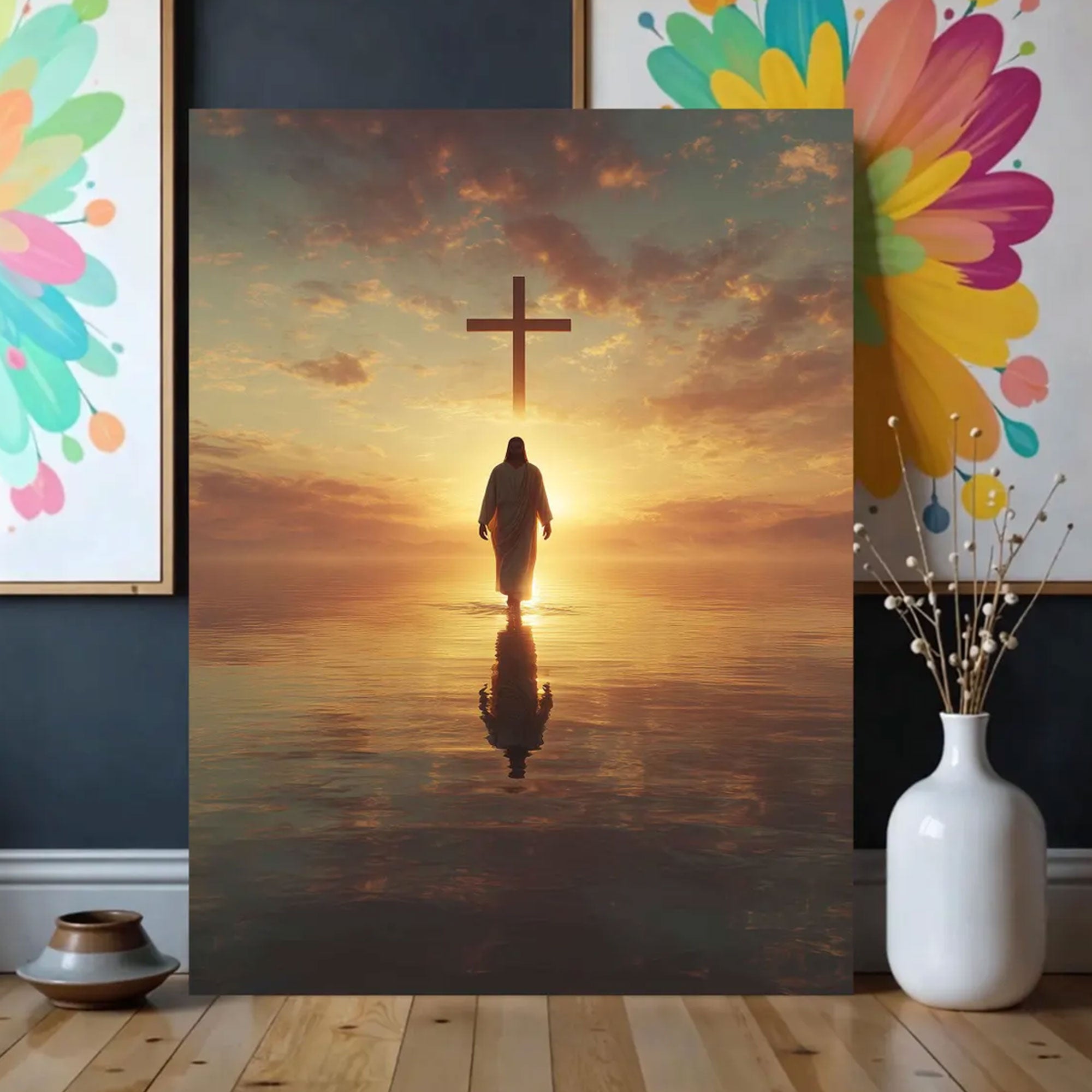 Jesus Walking on Water Canvas Art, Sunrise Cross Christian Faith Decor, Spiritual Reflection Wall Artwork