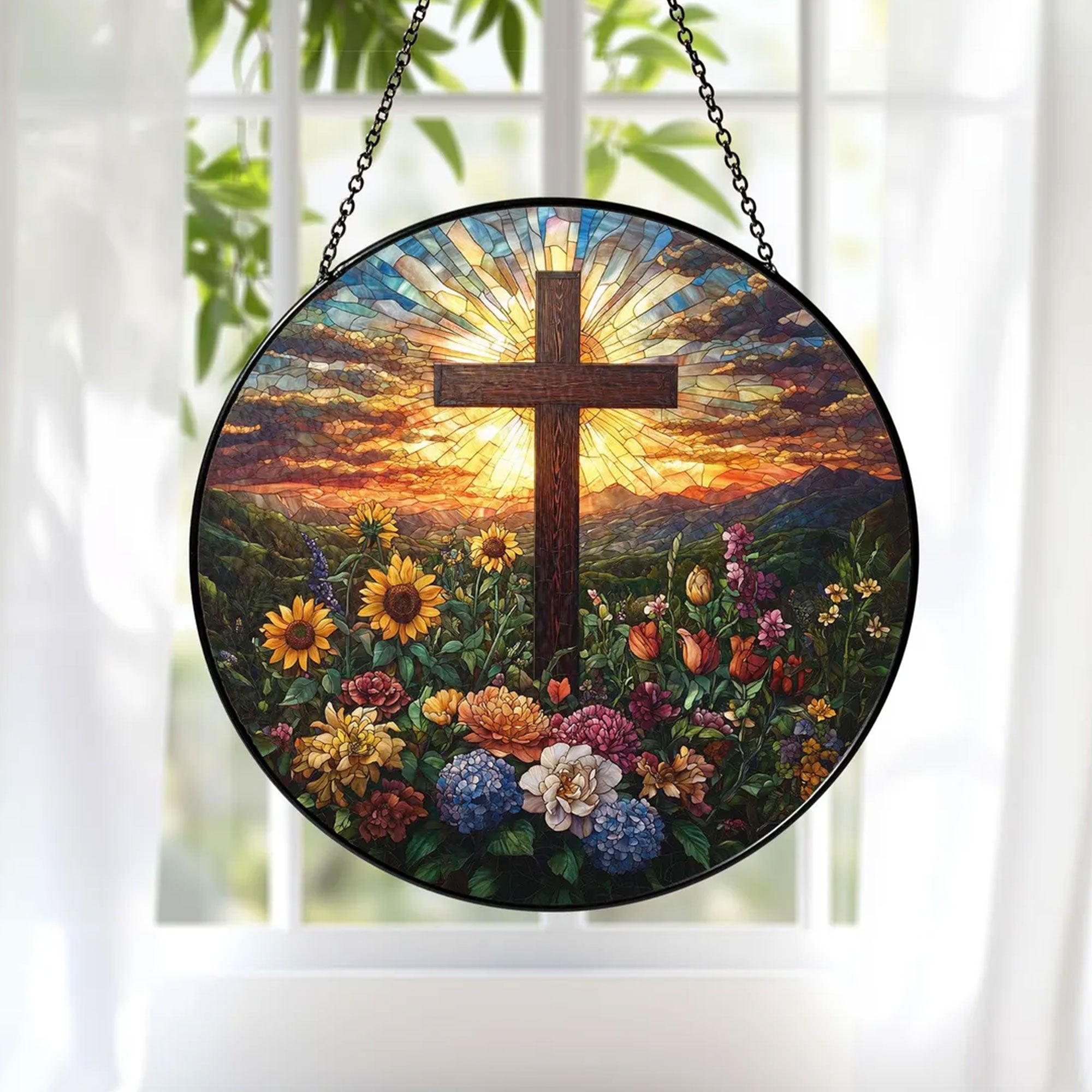 Stained Glass Cross Suncatcher with Wildflowers and Sunset, Christian Window Hanging Decor, Religious Faith Gift