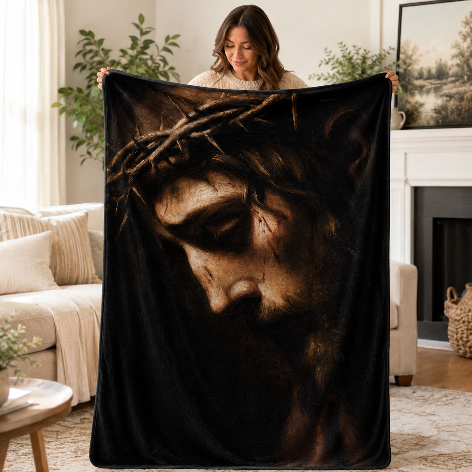 Jesus Crown of Thorns Fleece Blanket, Passion of Christ Christian Throw, Faith Gift for Believers