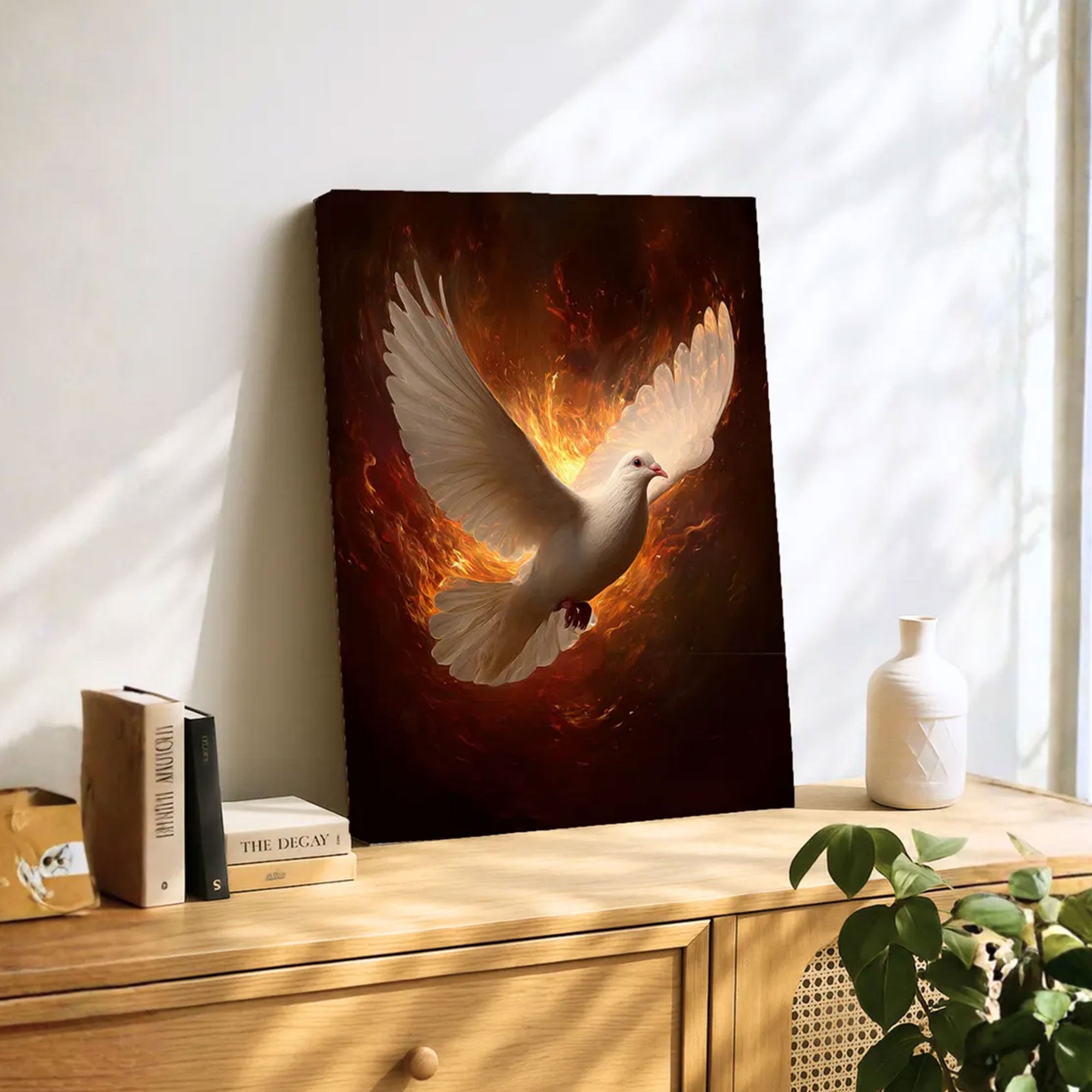 Holy Spirit Dove Fire Canvas Print, Pentecost Christian Wall Art, Divine Power Faith Decor, Sacred Religious Artwork
