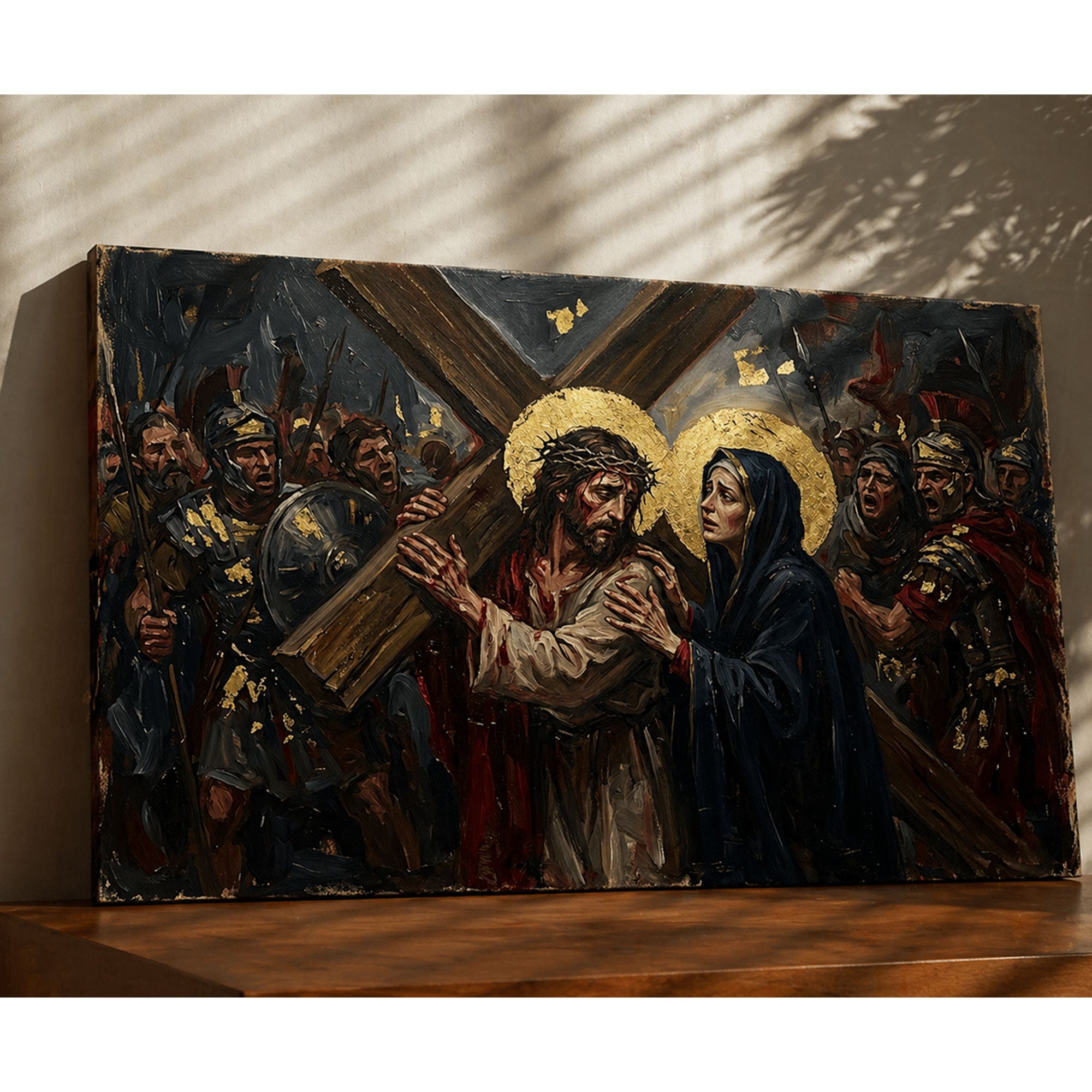 Jesus Carrying the Cross Canvas Print, Christ Meets His Mother, A Powerful Moment of Sacrifice, Love, and Redemption