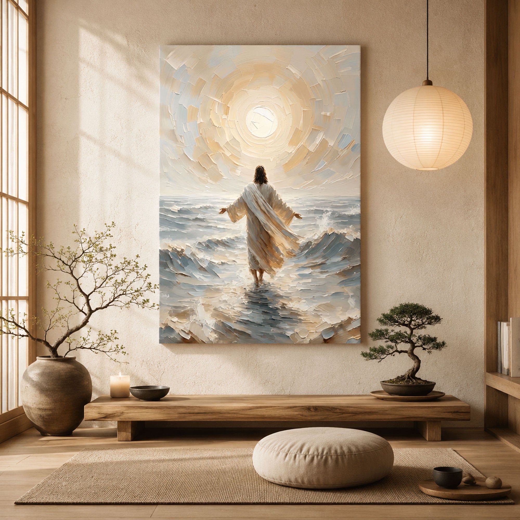 Jesus Walking Through the Waves Canvas Art, Divine Light Christian Wall Decor, Ocean Faith Spiritual Artwork