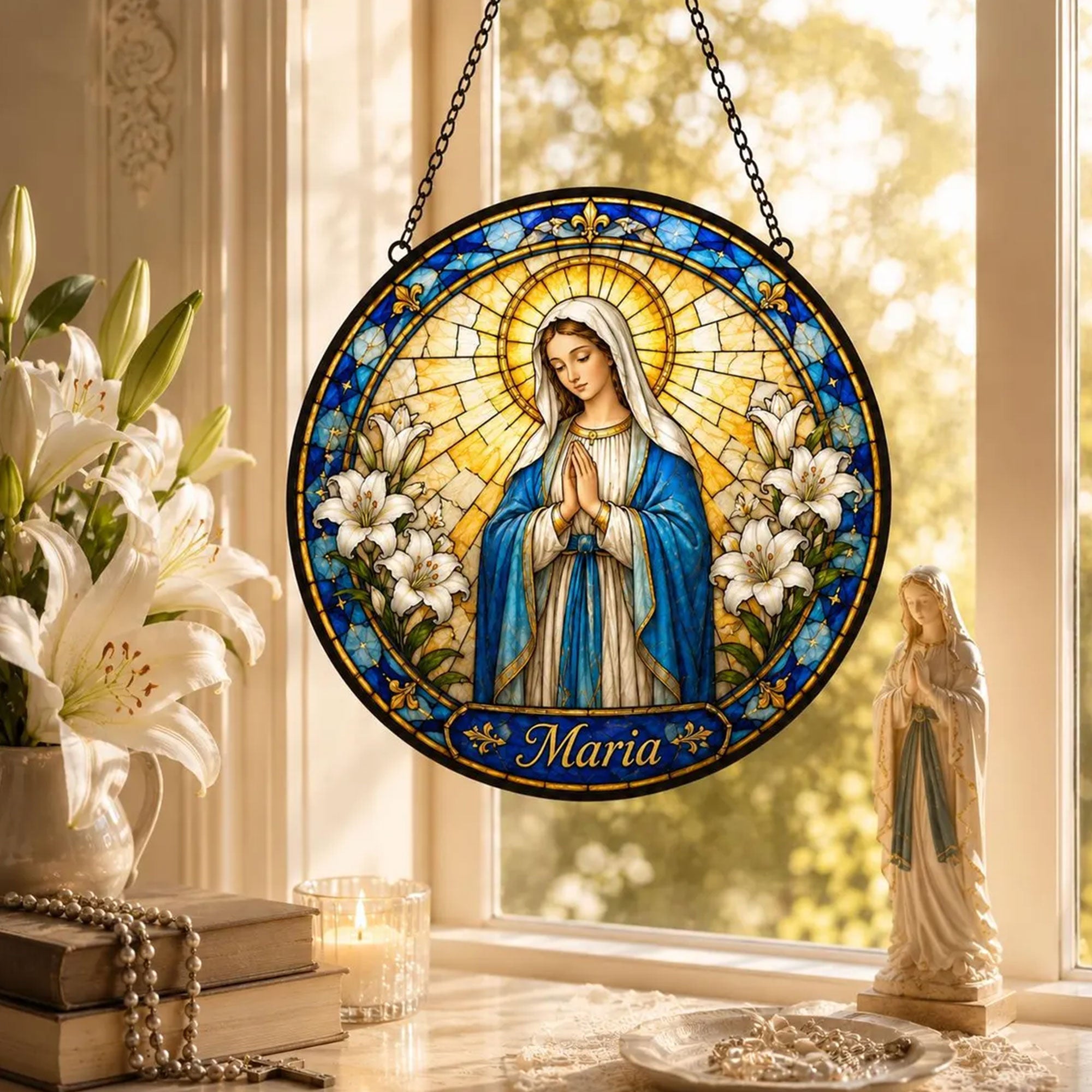 Virgin Mary with White Lilies Suncatcher, Catholic Window Hanging, Religious Gift for Women