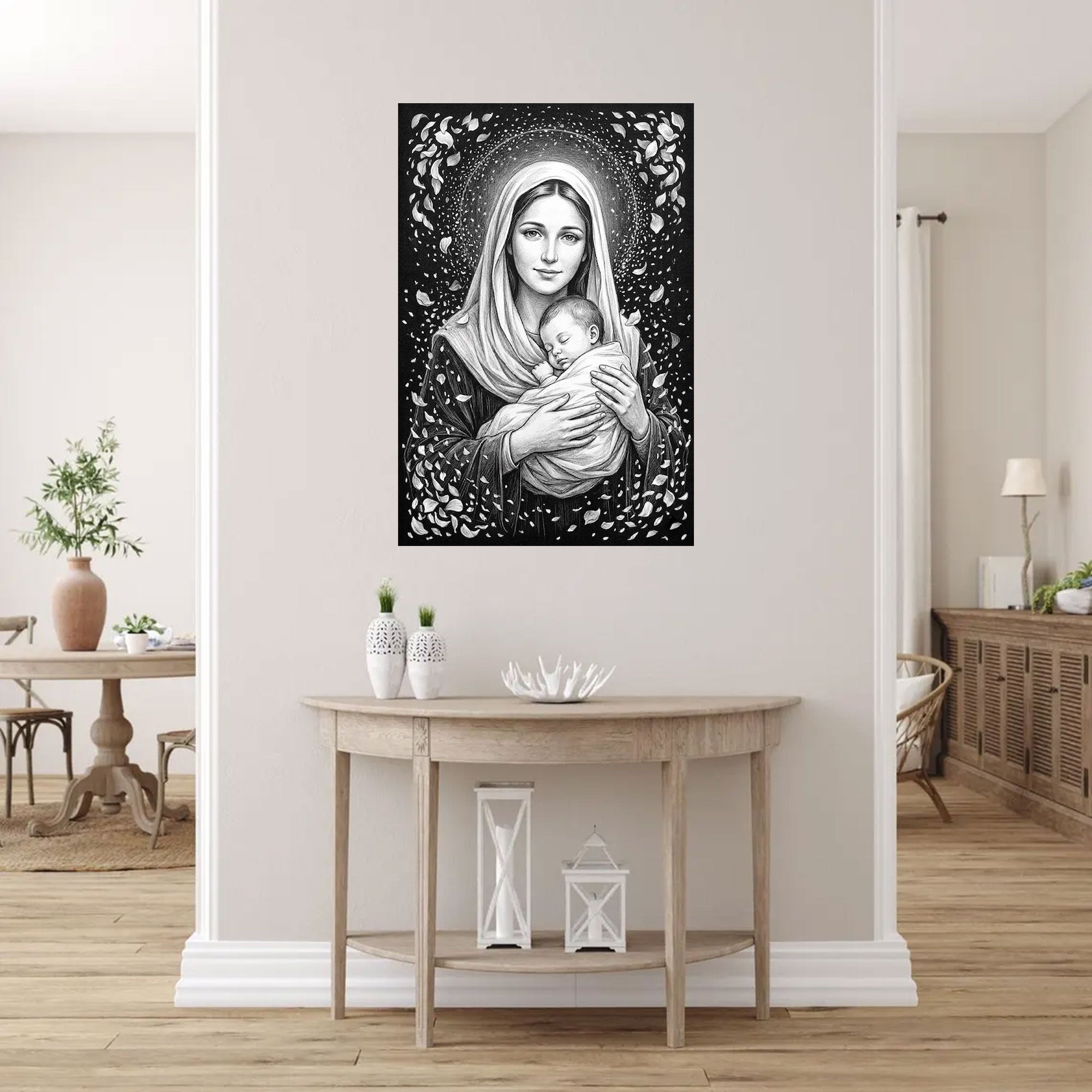 Black and White Virgin Mary with Child Canvas Print, Madonna and Baby Jesus Wall Art, Catholic Religious Decor