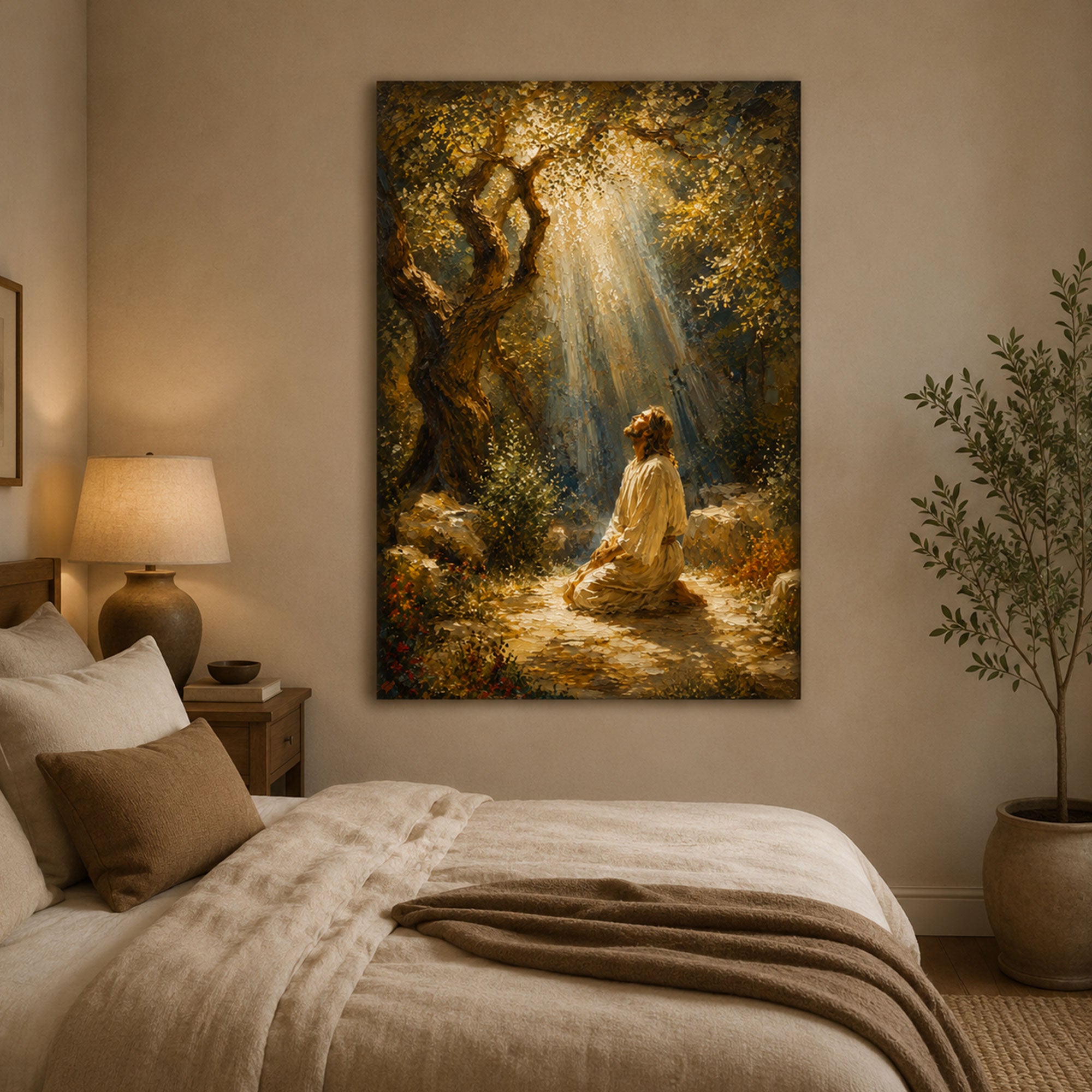 Jesus Praying in Gethsemane Canvas Print, Christian Wall Art, Peaceful Faith Home Decor