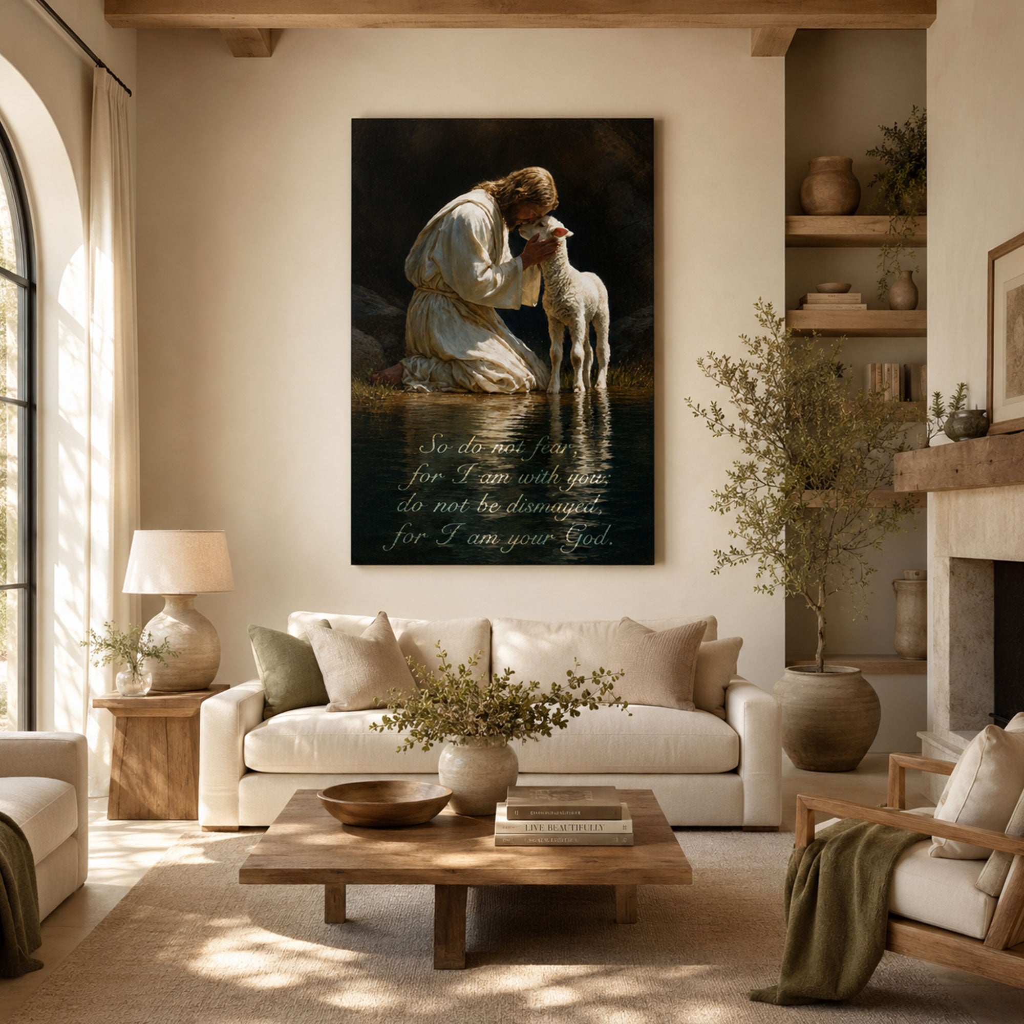 Jesus and Lamb Canvas Print, Good Shepherd Christian Wall Art, Peaceful Faith Home Decor
