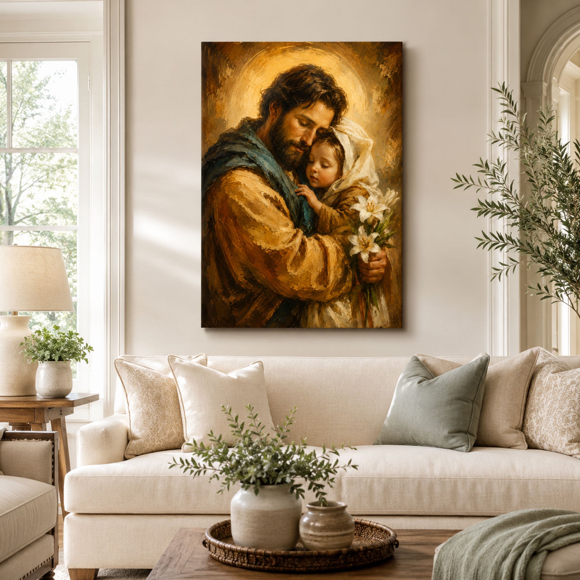 Saint Joseph Holding Child Jesus Canvas Print, Lily Catholic Faith Decor