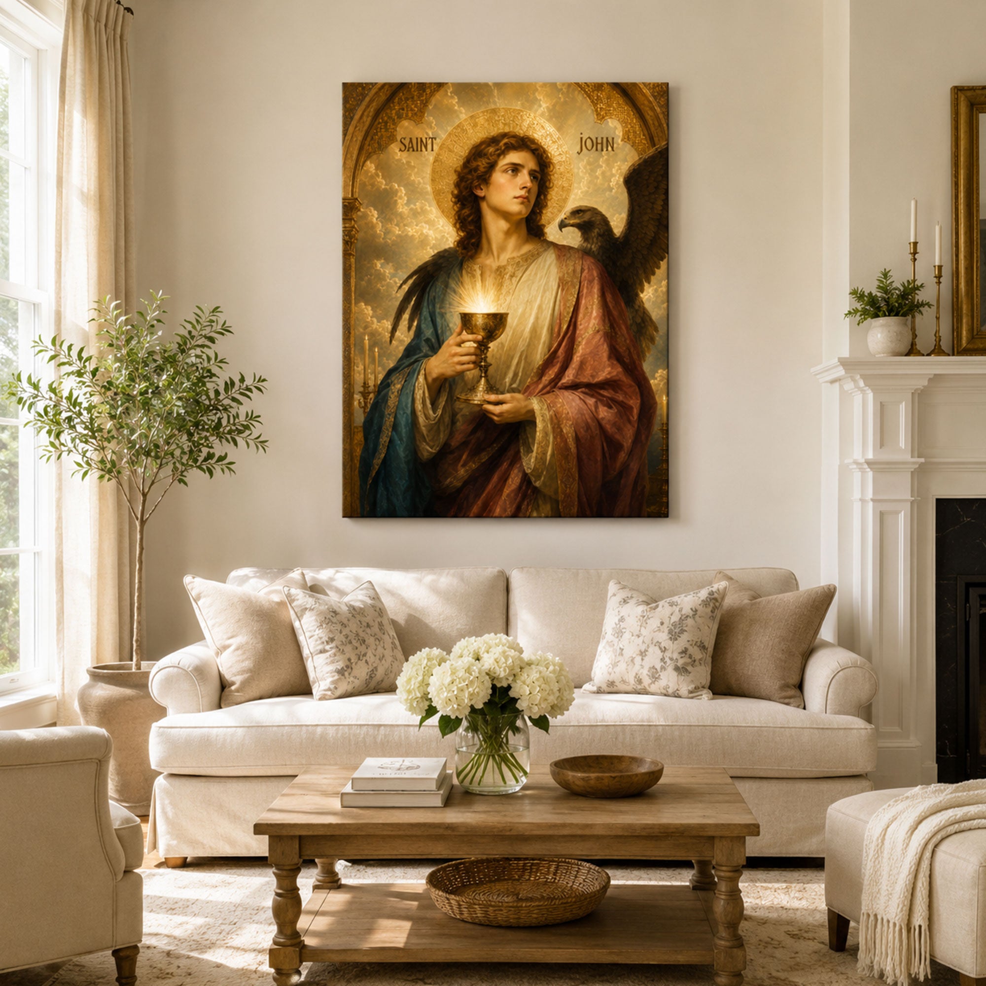 Saint John with Eagle and Glowing Chalice Canvas Print, Catholic Art