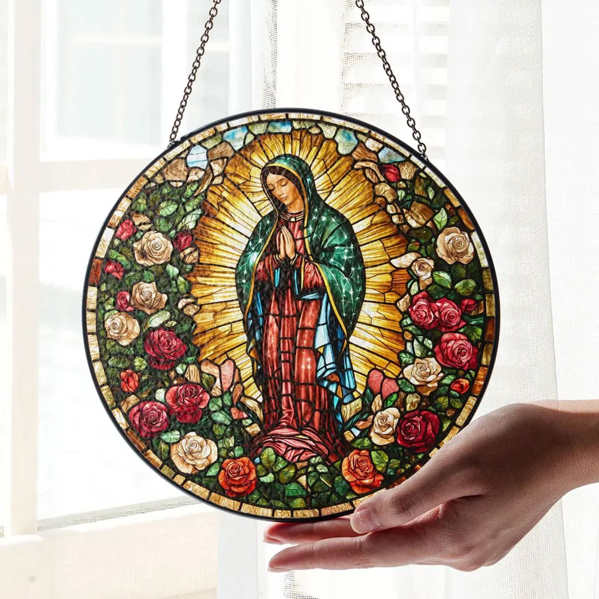 Our Lady of Guadalupe Stained Glass Suncatcher, Virgin Mary Catholic Window Hanging, Religious Faith Gift, Christian Home Decor