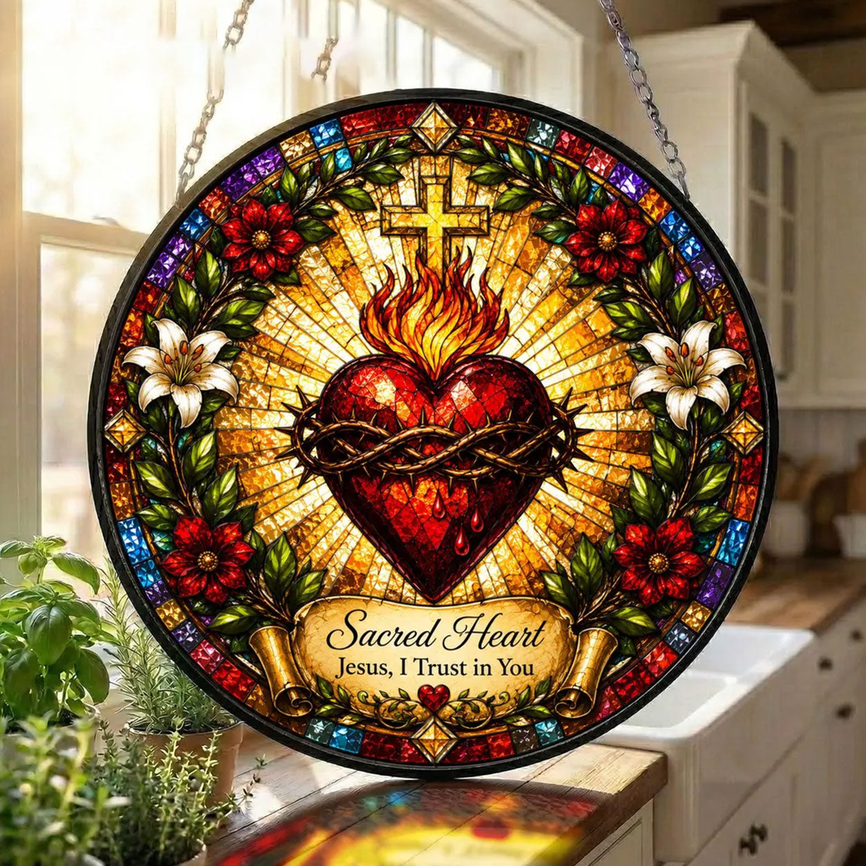 Sacred Heart of Jesus Suncatcher, Jesus I Trust in You Catholic Window Hanging, Christian Faith Gift