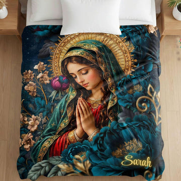 Personalized Virgin Mary Fleece Blanket, Catholic Floral Throw, Custom Name Christian Prayer Gift for Mom or Grandma, Faith Decor