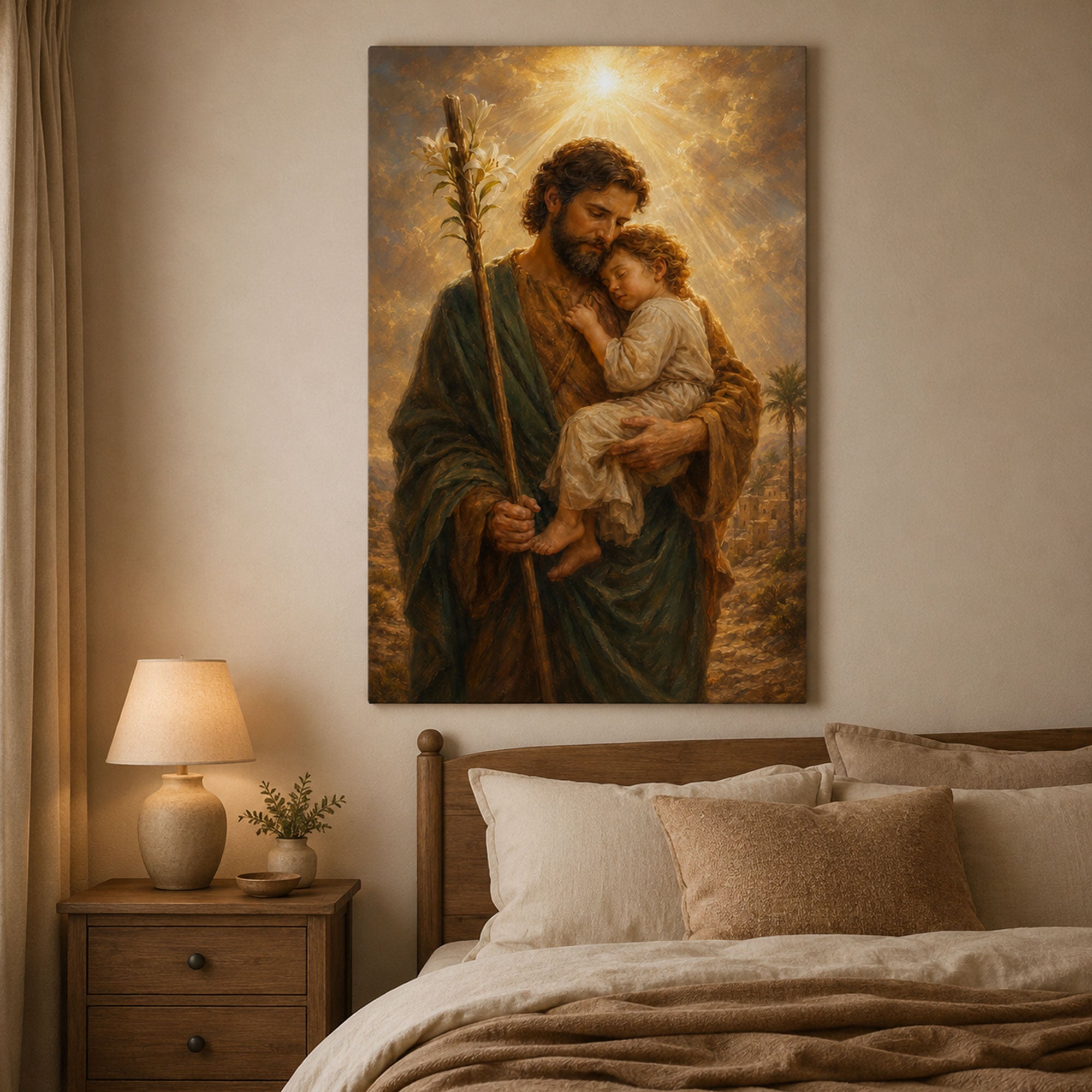 Saint Joseph with Child Jesus Canvas Print, Catholic Wall Art, Fatherly Love Christian Home Decor