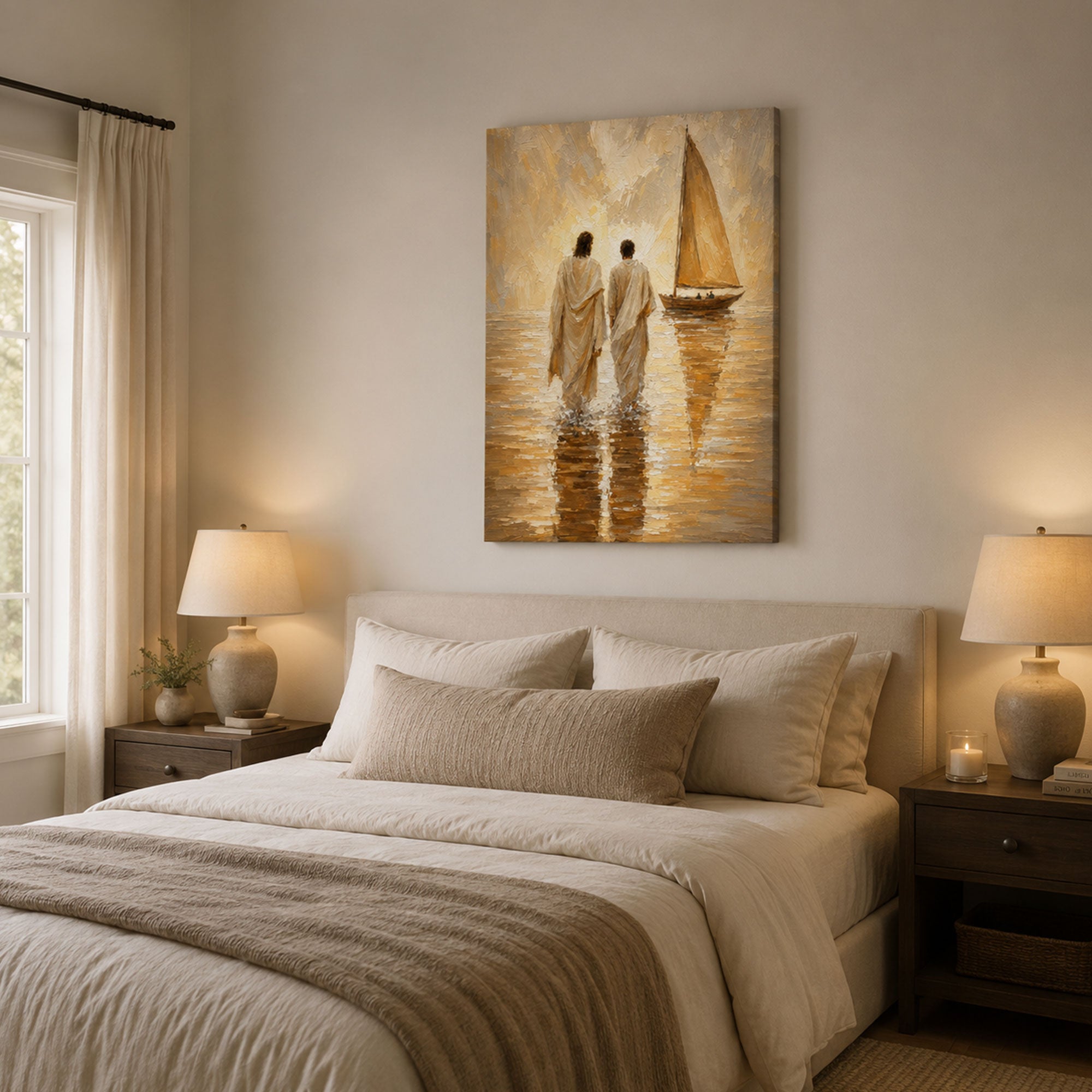 Jesus Walking Beside Disciple Canvas Print, Warm Coastal Christian Wall Decor