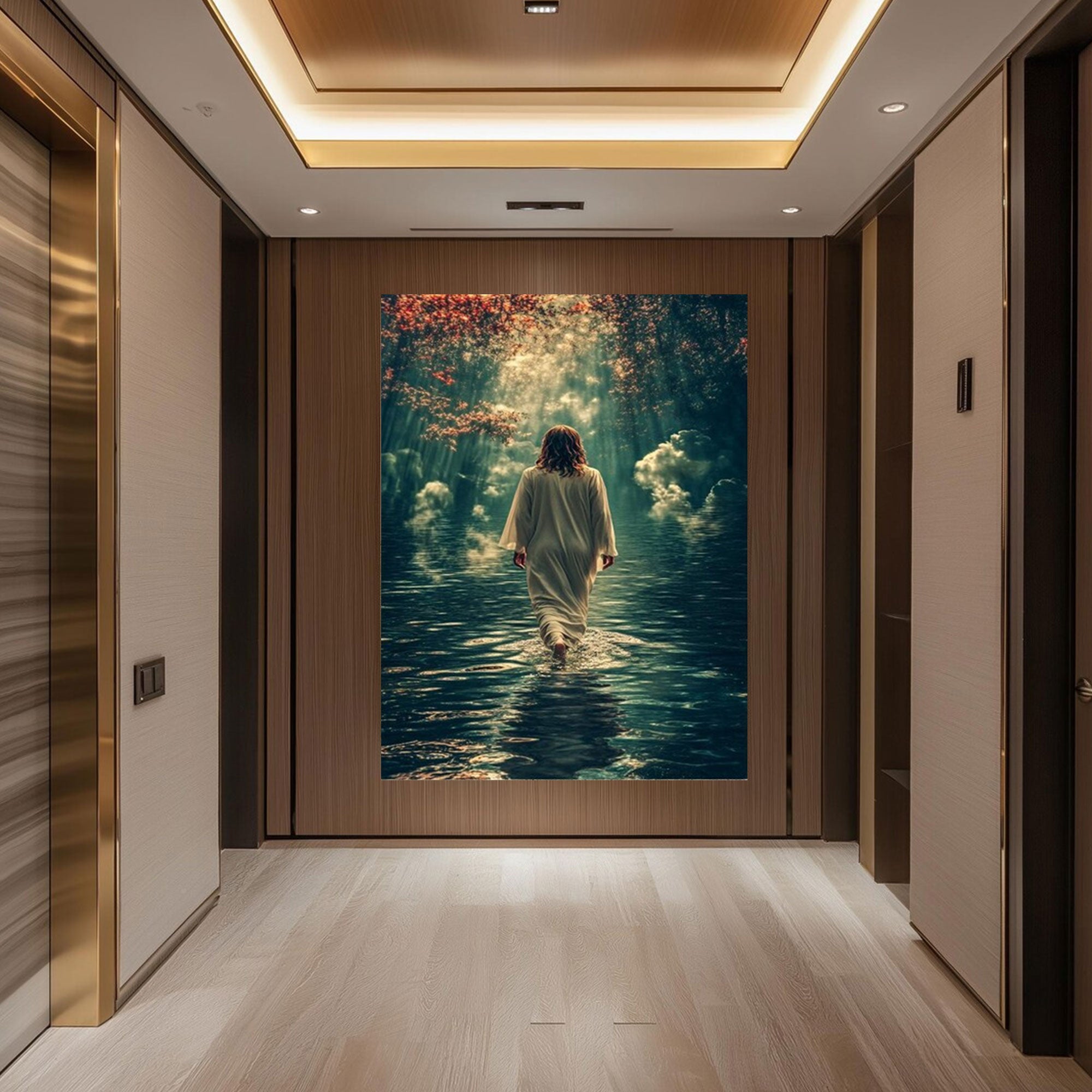 Jesus Walking on Water Canvas Print, Spiritual Christian Wall Art, Heavenly Light Faith Decor for Home