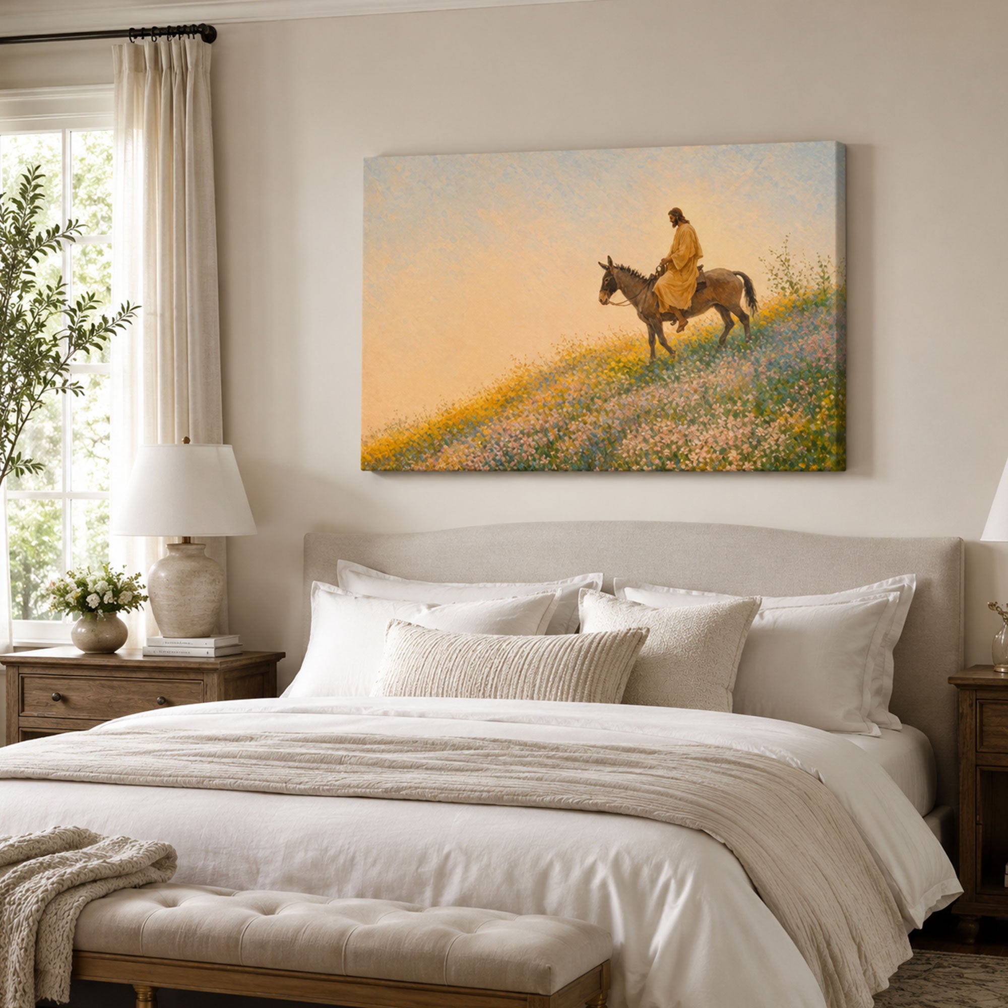 Jesus Riding a Donkey Through Wildflowers Canvas Print, Christian Faith Decor