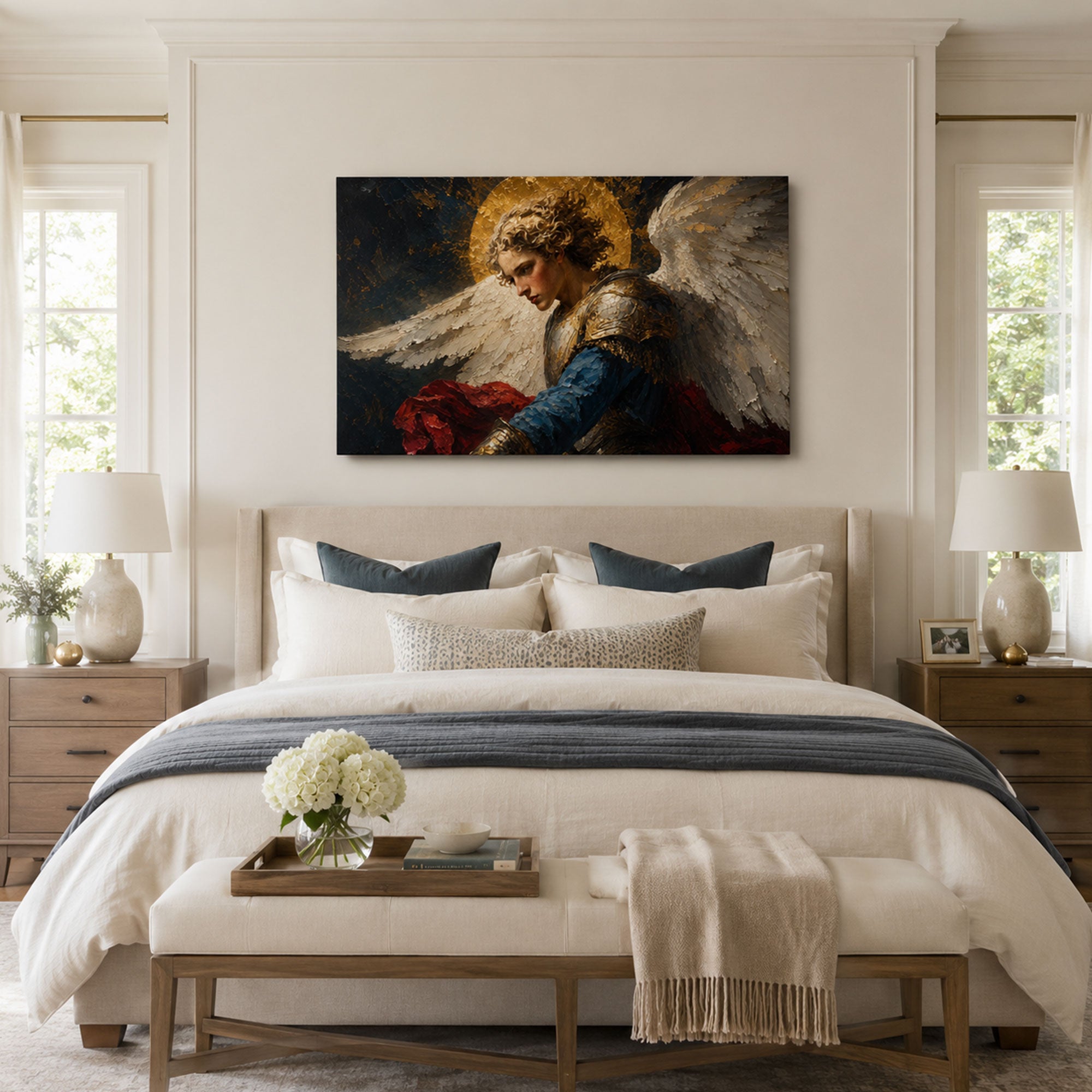 Saint Michael in Silent Vigil Canvas Print, Blue and Gold Catholic Decor