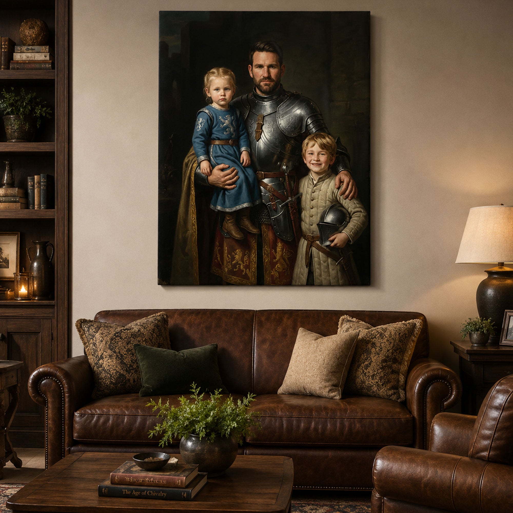 Custom Face For Dad Knight Family Canvas, Personalized Father and Kids Portrait, Father’s Day Gift