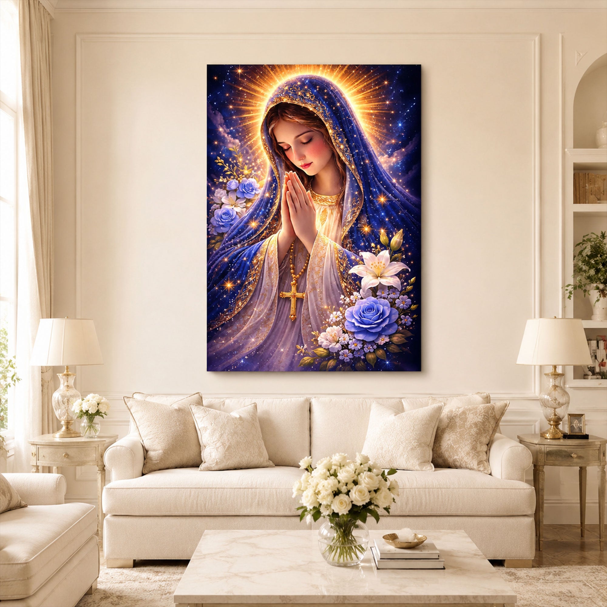 Radiant Virgin Mary Canvas Print, Celestial Christian Wall Art, Floral Catholic Faith Decor, Heavenly Madonna Artwork