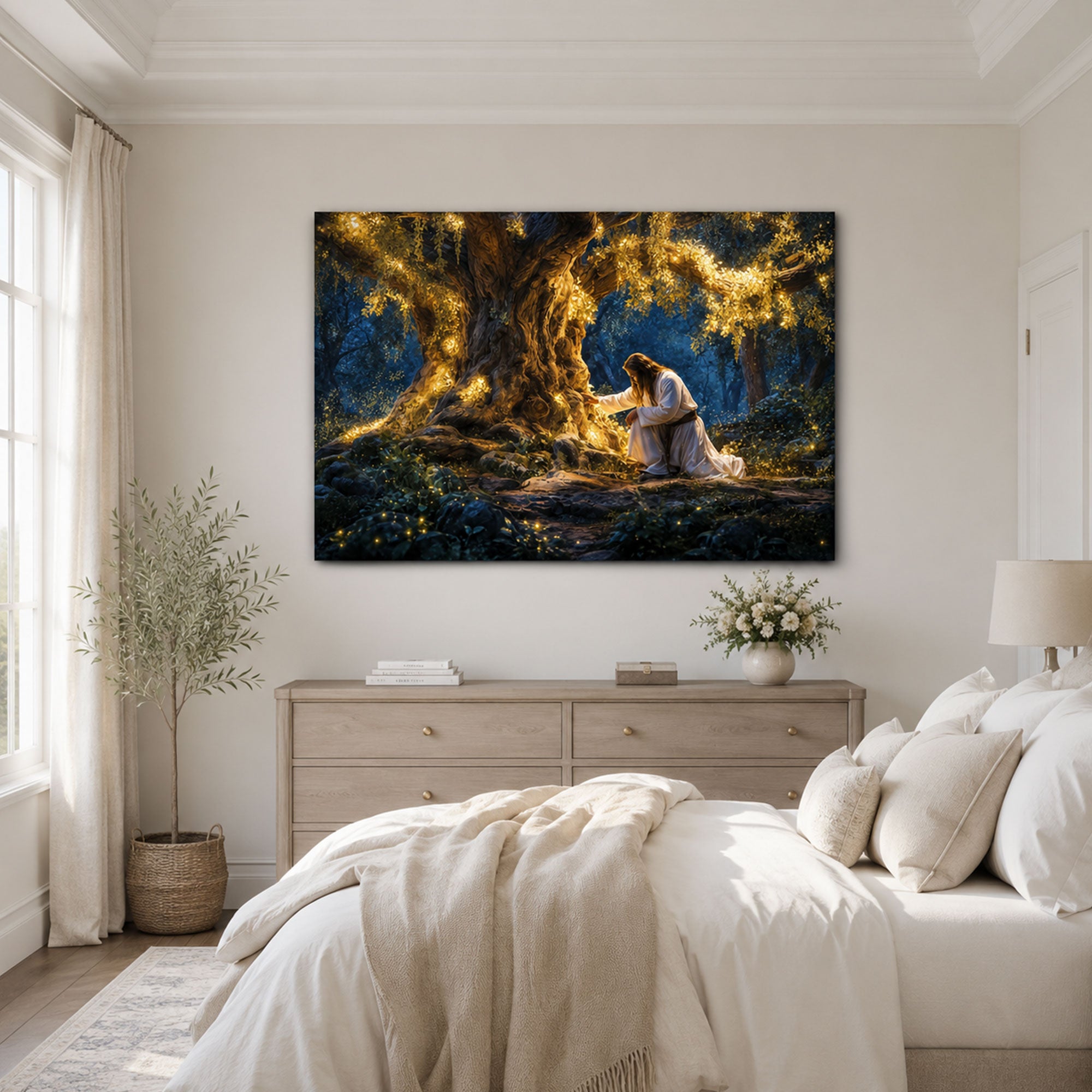 Jesus Praying Beneath the Olive Tree Canvas Print, Gethsemane Night Art