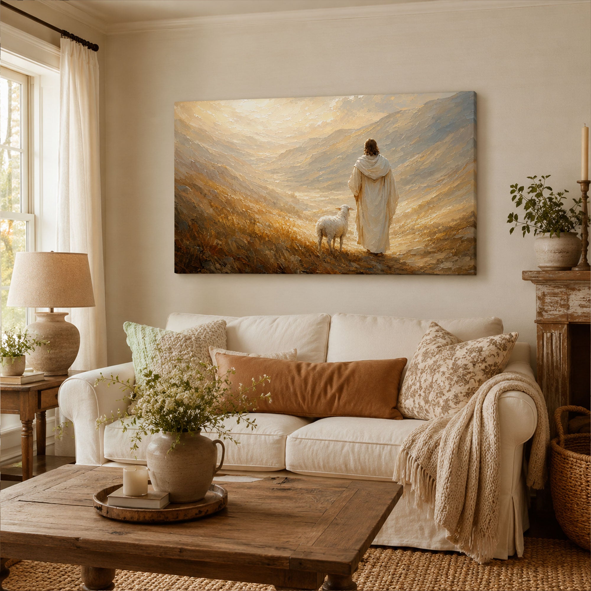 Good Shepherd Panoramic Canvas Print, Jesus with Lamb Christian Wall Art, Faith Home Decor Gift