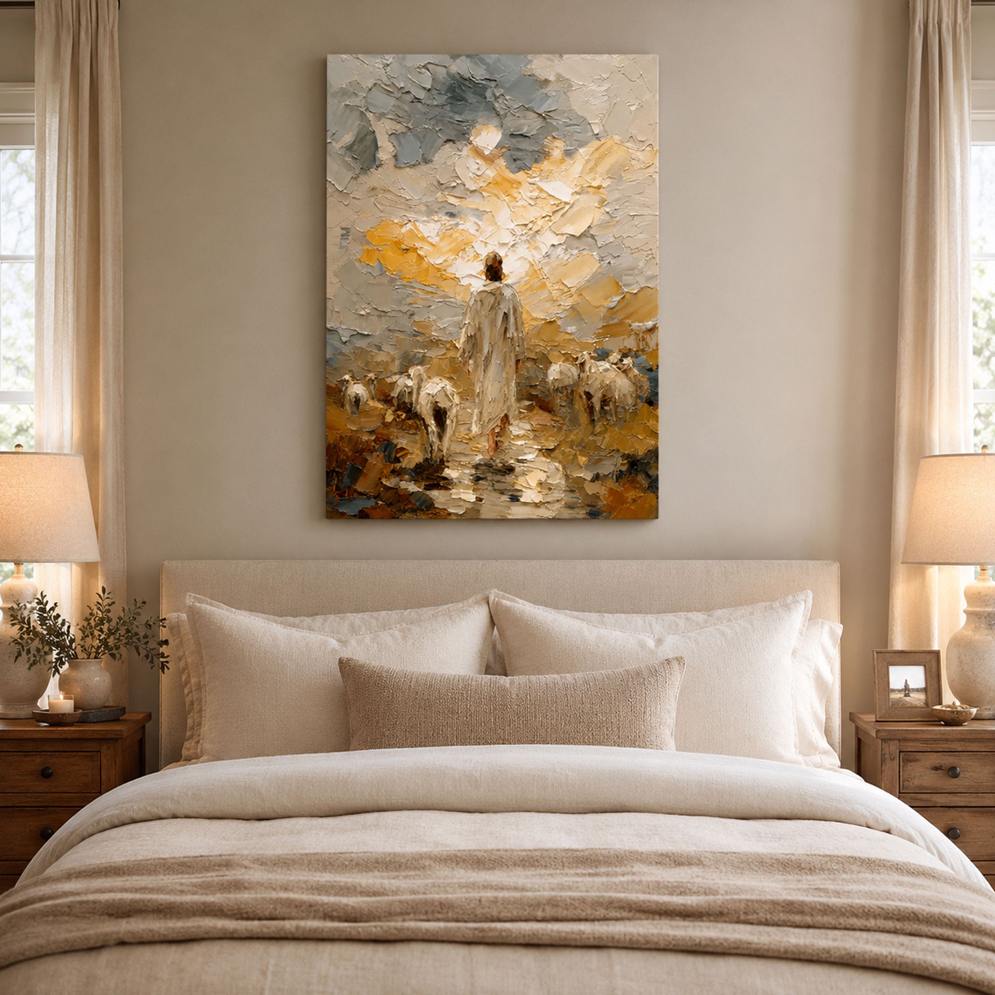 Good Shepherd Canvas Print, Jesus with Sheep Neutral Christian Wall Art, Faith Home Decor Gift