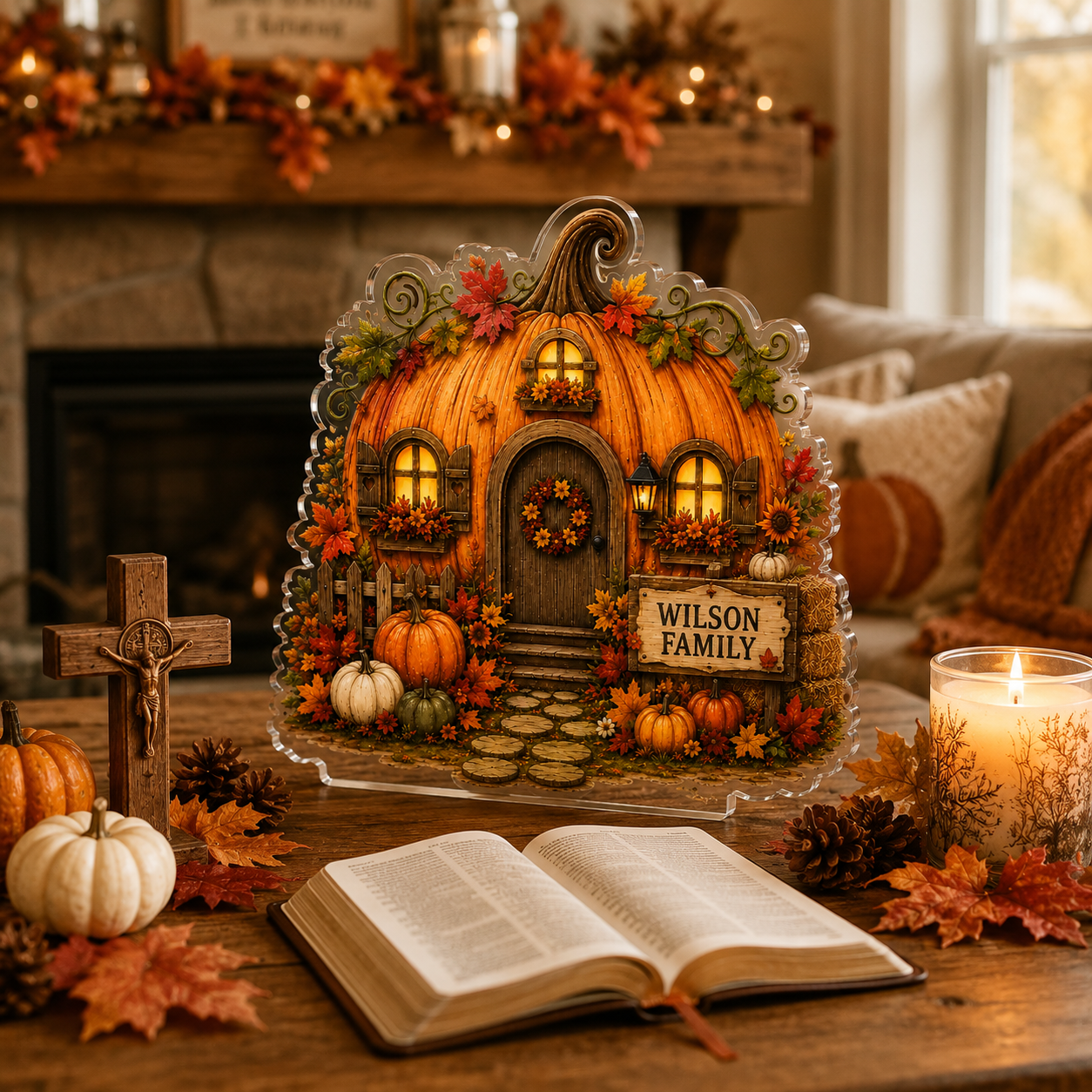 Personalized Halloween Pumpkin House Acrylic Plaque, Family Name Sign, Fall Home Decor