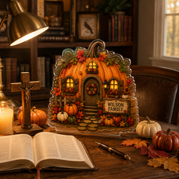 Personalized Halloween Pumpkin House Acrylic Plaque, Family Name Sign, Fall Home Decor