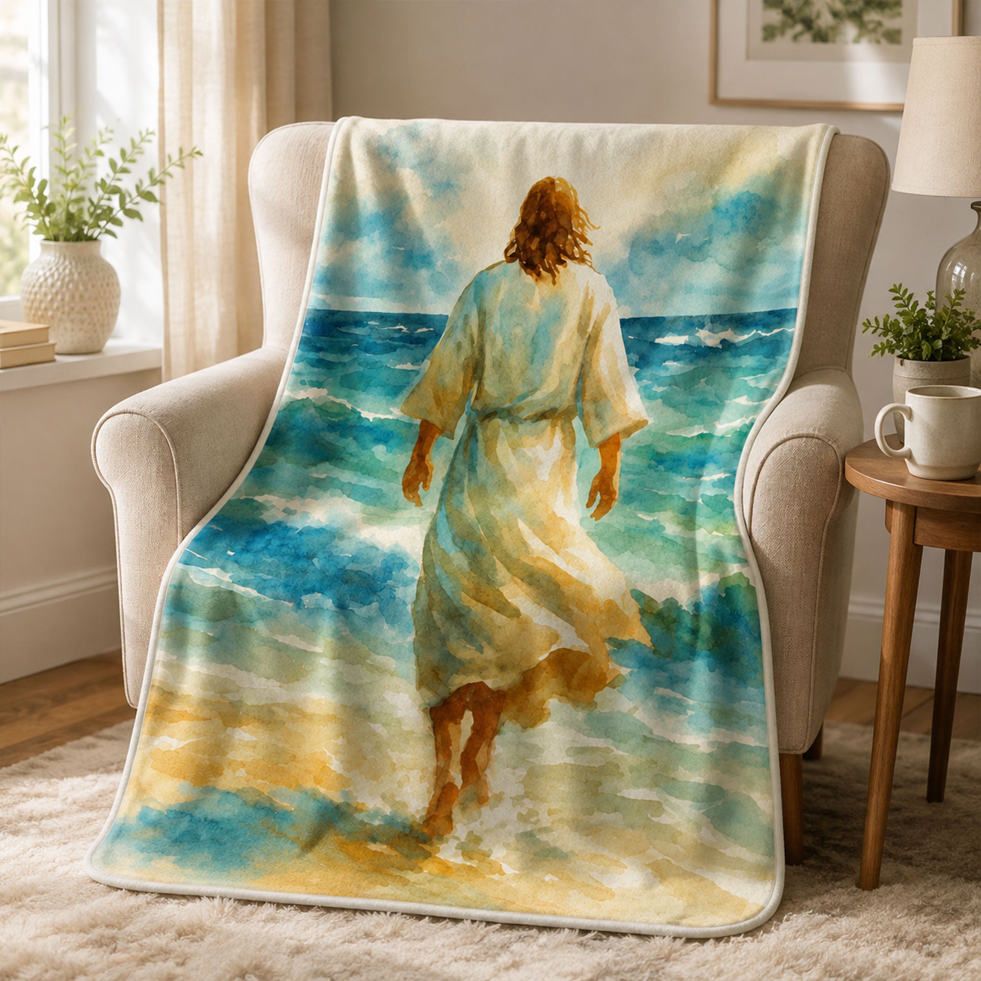 Jesus Walking on Water Fleece Blanket, Christian Faith Throw, Biblical Gift for Believers