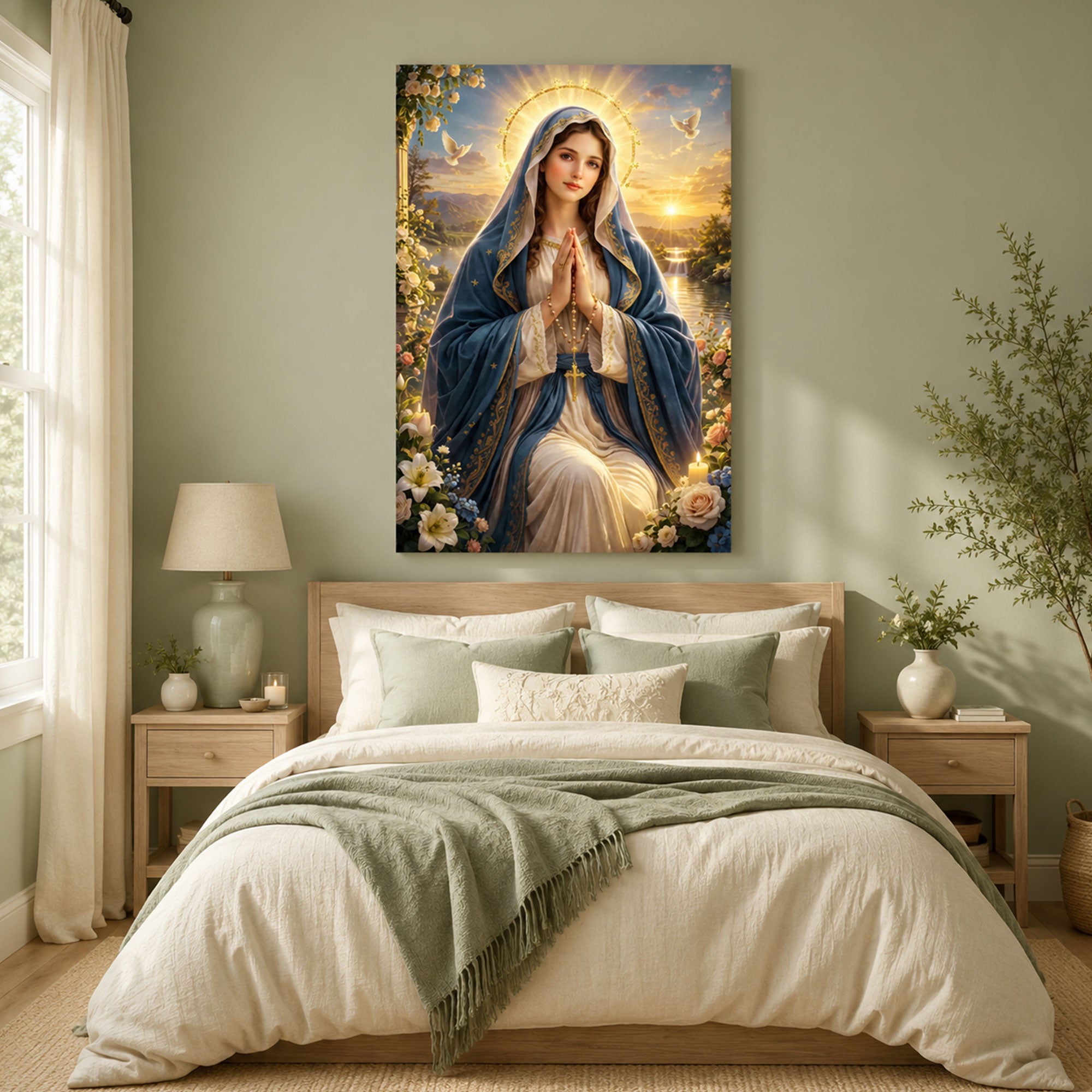 Virgin Mary Canvas Print, Blessed Mother Christian Wall Art, Heavenly Faith Decor, Peaceful Spiritual Artwork