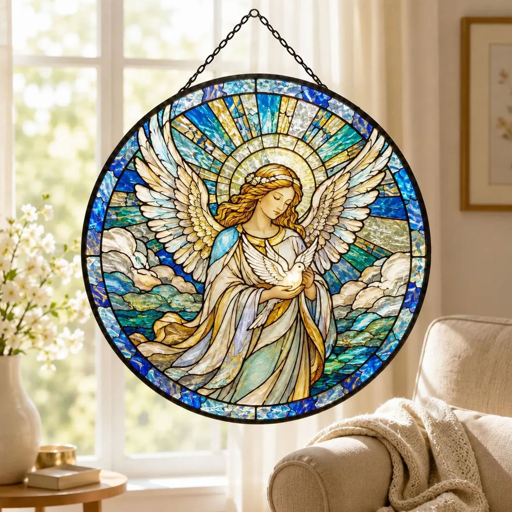 Praying Angel Glass Suncatcher, Christian Memorial Window Hanging Gift for Her