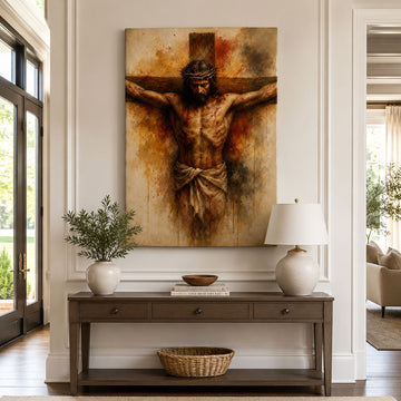 Jesus on the Cross Canvas Print, Crown of Thorns Catholic Wall Art, Passion of Christ Home Decor Gift