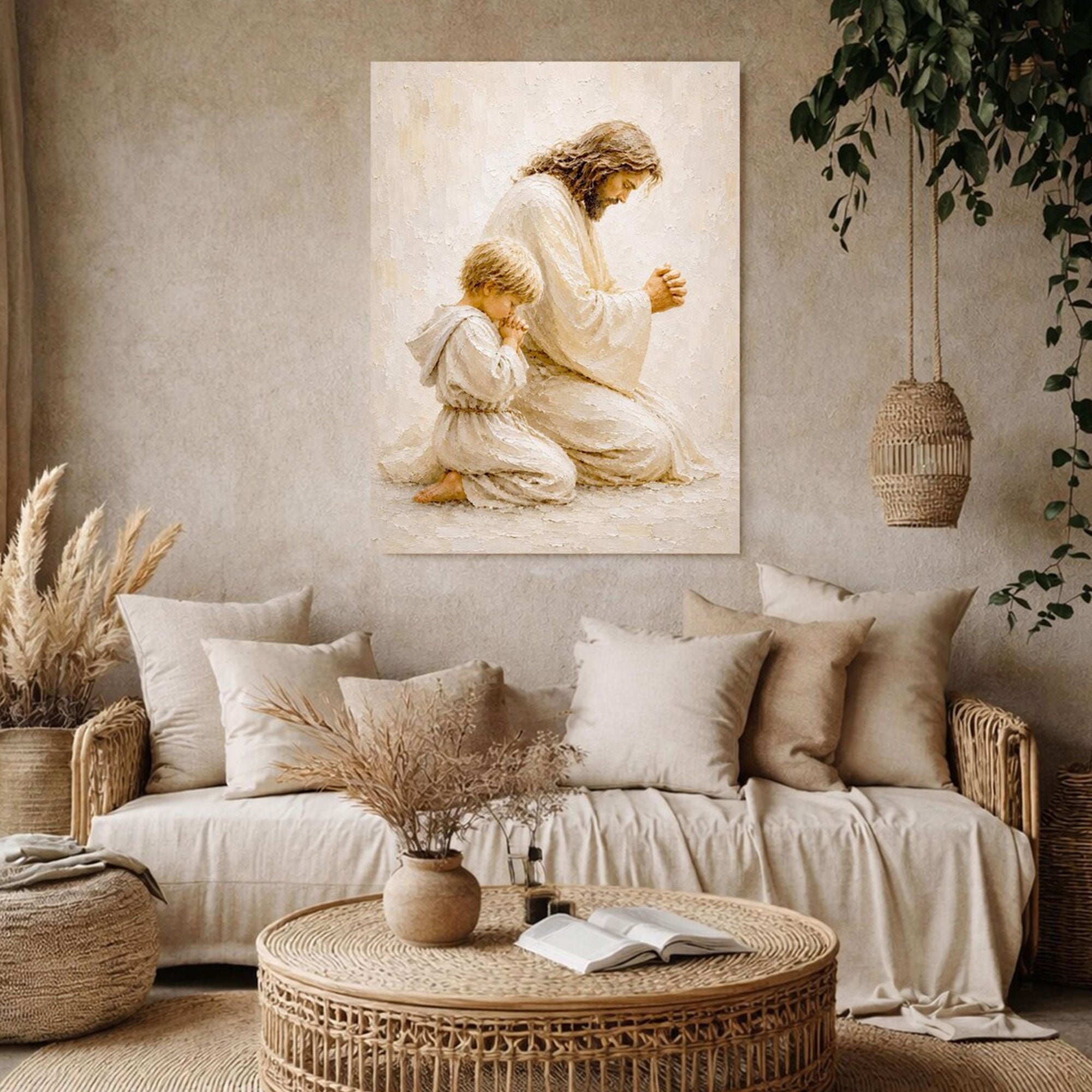 Jesus Praying With Child Canvas Print, Christian Family Prayer Wall Art, Peaceful Faith Home Decor