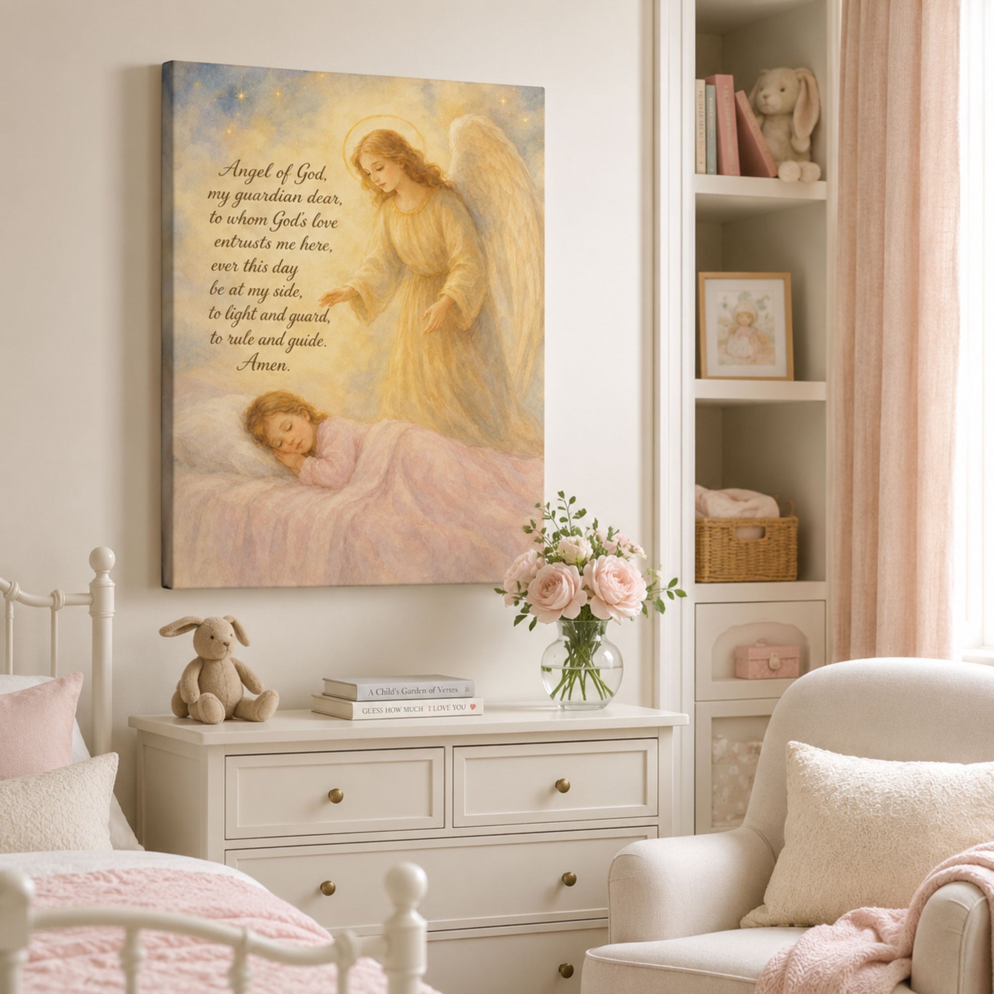 Angel of God Prayer Canvas Print, Guardian Angel and Sleeping Child Art