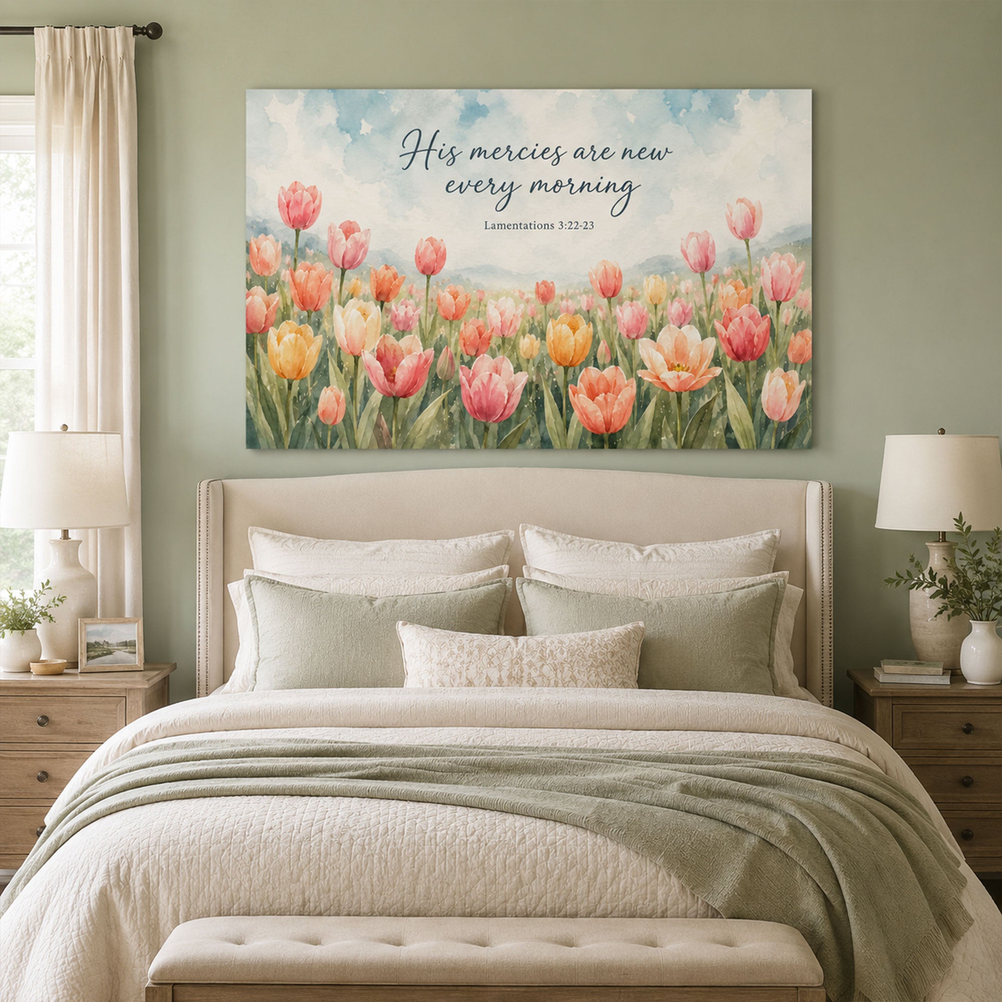 His Mercies Are New Every Morning Canvas Print, Lamentations 3:22-23 Christian Bible Verse Wall Art, Faith Bedroom Decor Gift