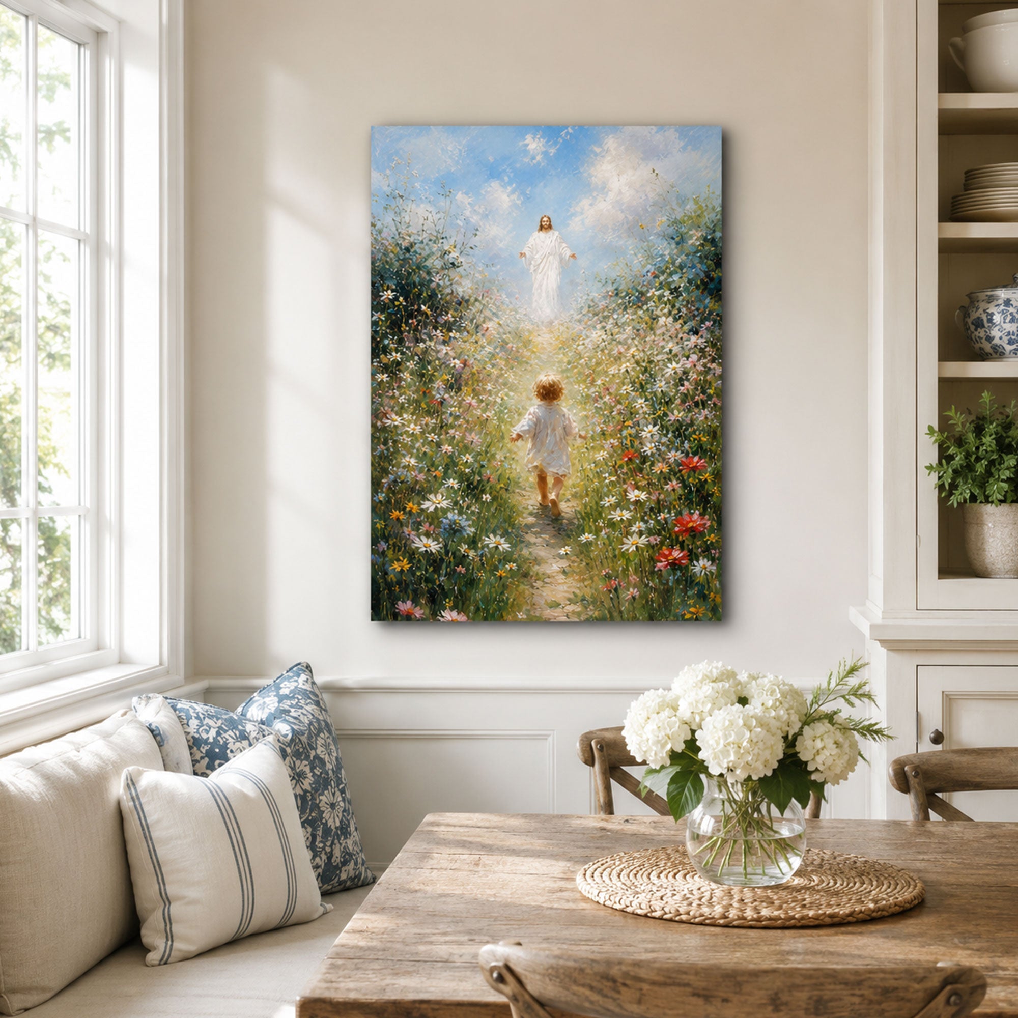 Jesus Welcoming Child Canvas Print, Christian Flower Field Wall Art, Peaceful Faith Home Decor Gift