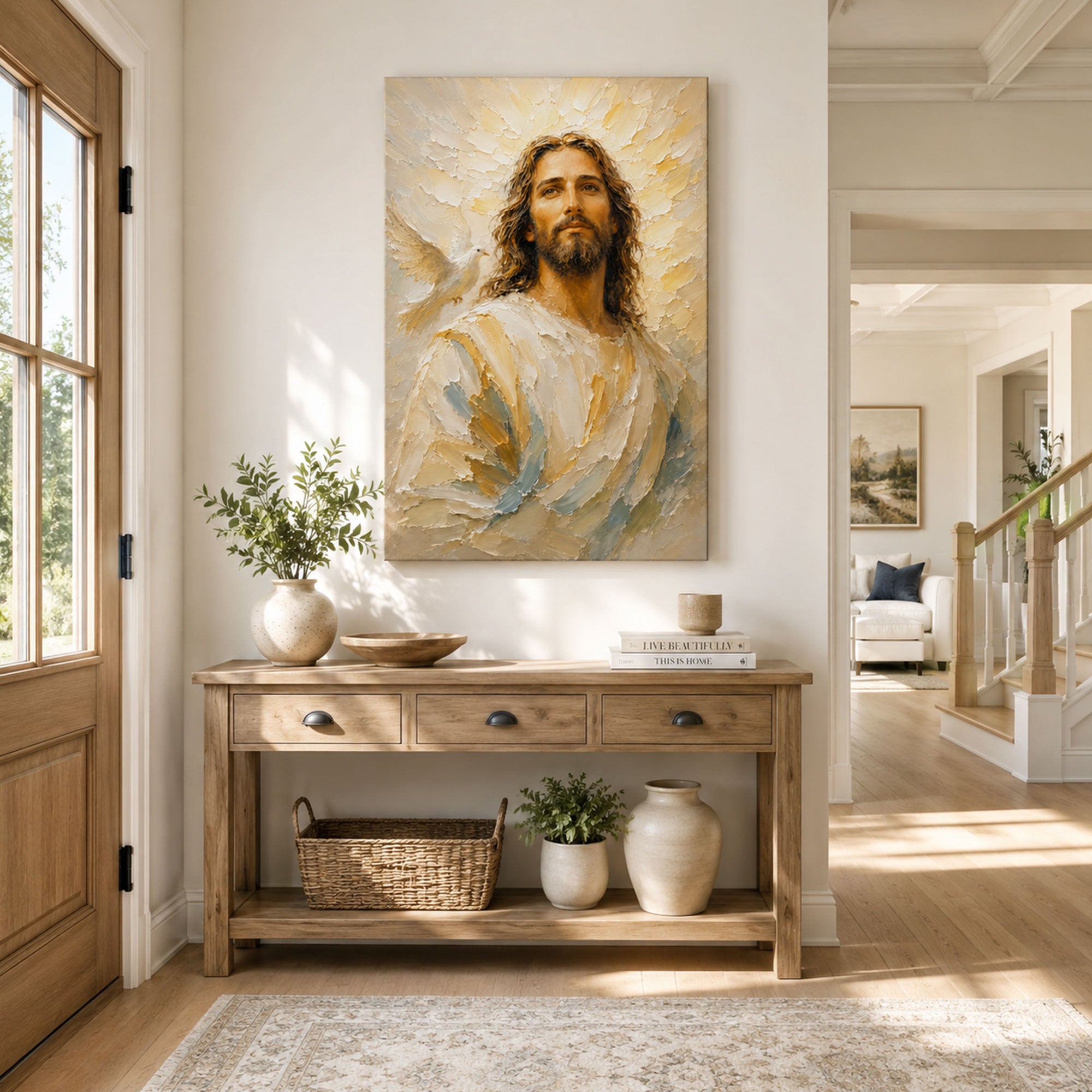 Jesus with Holy Spirit Dove Canvas Print, Light of Christ Christian Wall Decor, Faith Gift