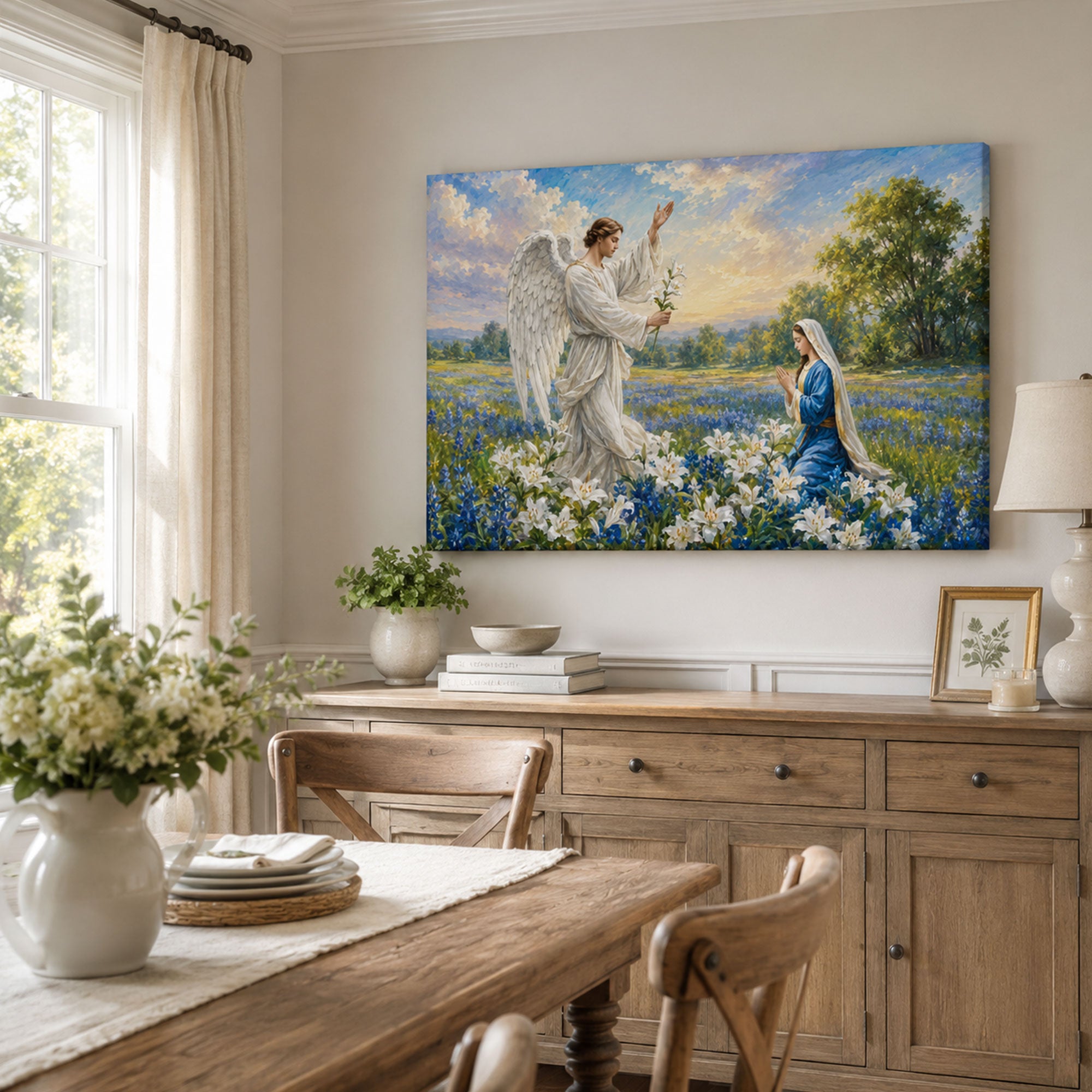 Annunciation of Mary Canvas Print, Archangel Gabriel and Virgin Mary Catholic Wall Art, Lily Field Faith Home Decor Gift