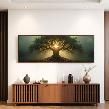 Tree of Life Cross Canvas Wall Art, Christian Light Scene, Faith Symbol Religious Home Decor