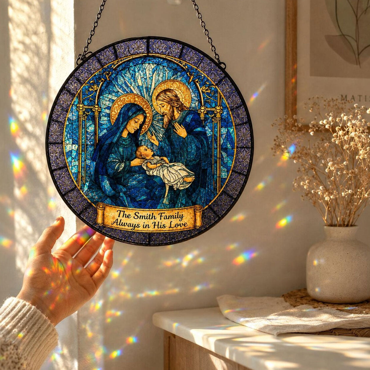 Personalized Holy Family Suncatcher, Custom Family Name Catholic Window Hanging, Christian Family Gift