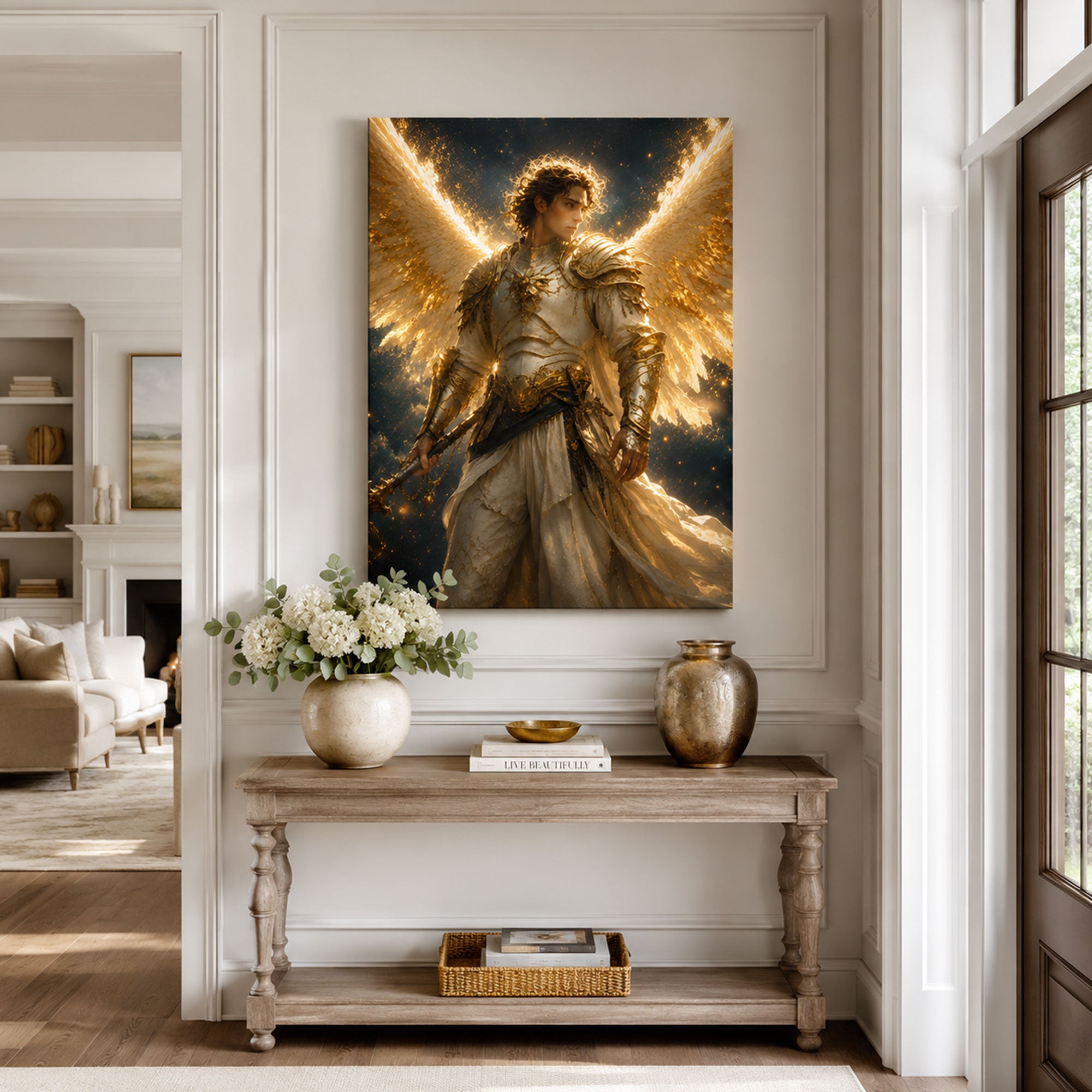 Saint Michael Prince of the Heavenly Host Canvas Print, Ivory Gold Catholic Art
