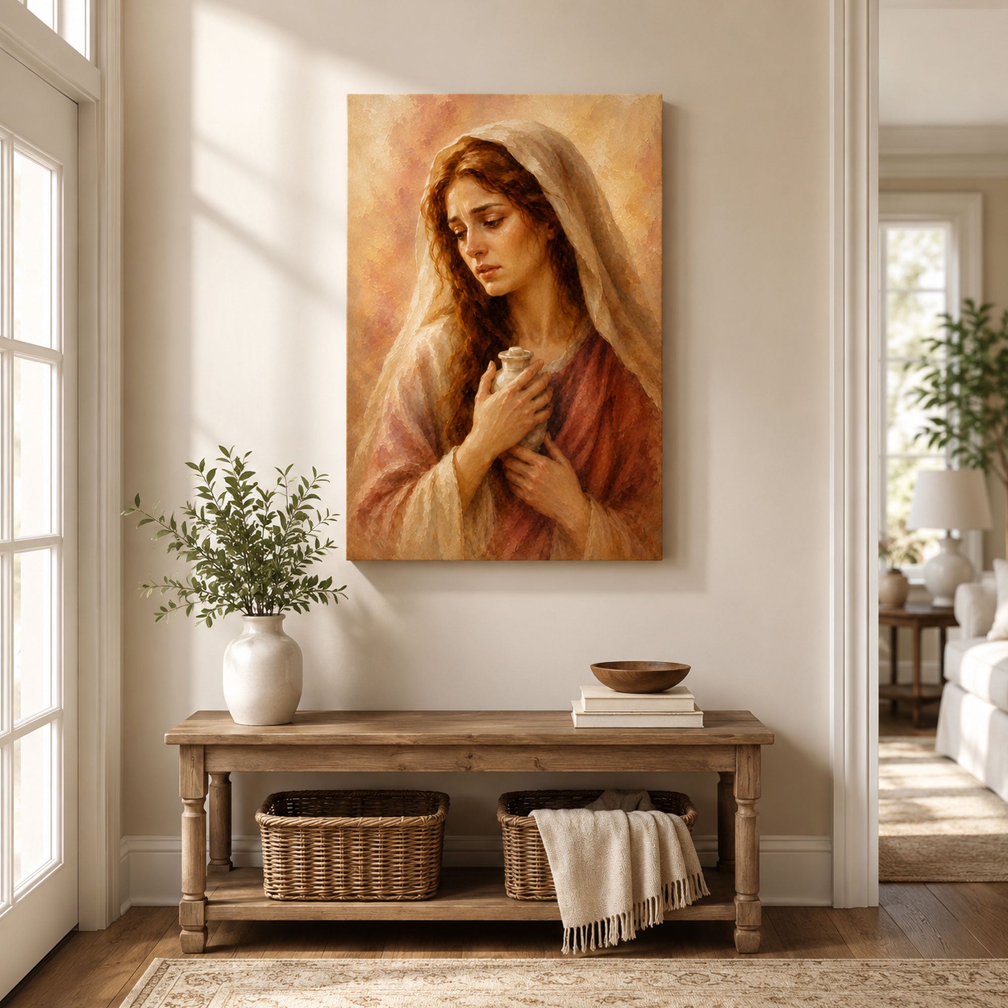 Contemplative Mary Magdalene Canvas Print, Warm Neutral Catholic Decor