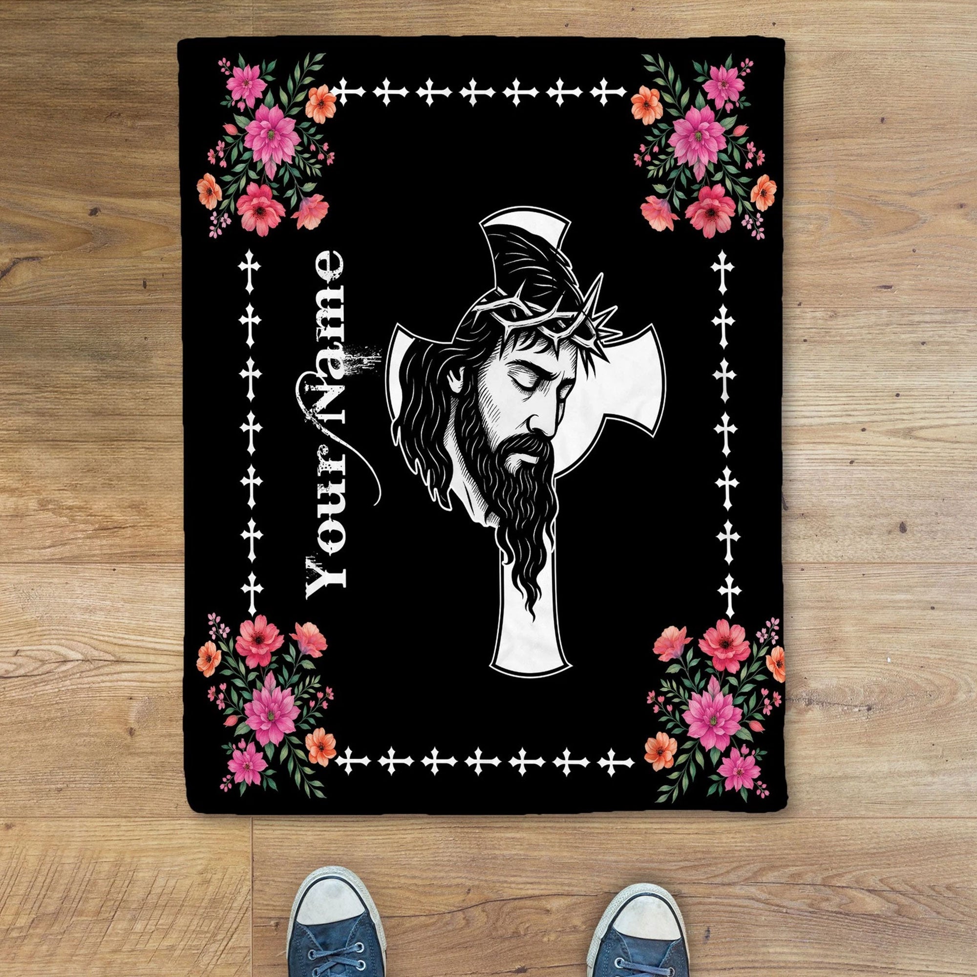 Personalized Jesus Christ Cross Fleece Blanket, Christian Faith Floral Throw, Religious Gift, Inspirational Home Decor