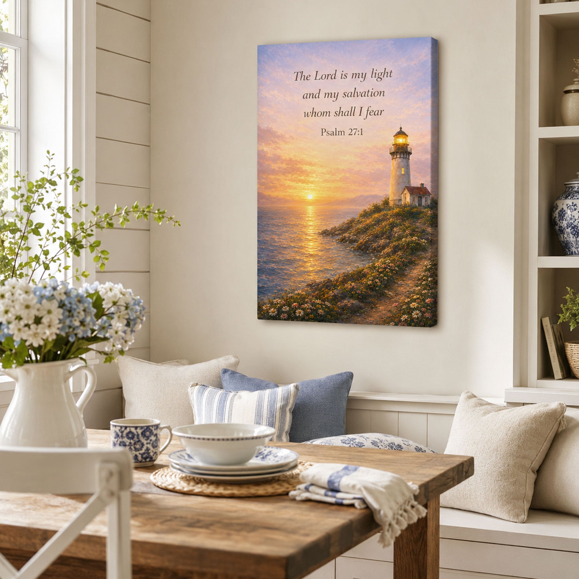 Psalm 27:1 Lighthouse Canvas Print, The Lord Is My Light Christian Wall Art, Coastal Faith Home Decor Gift