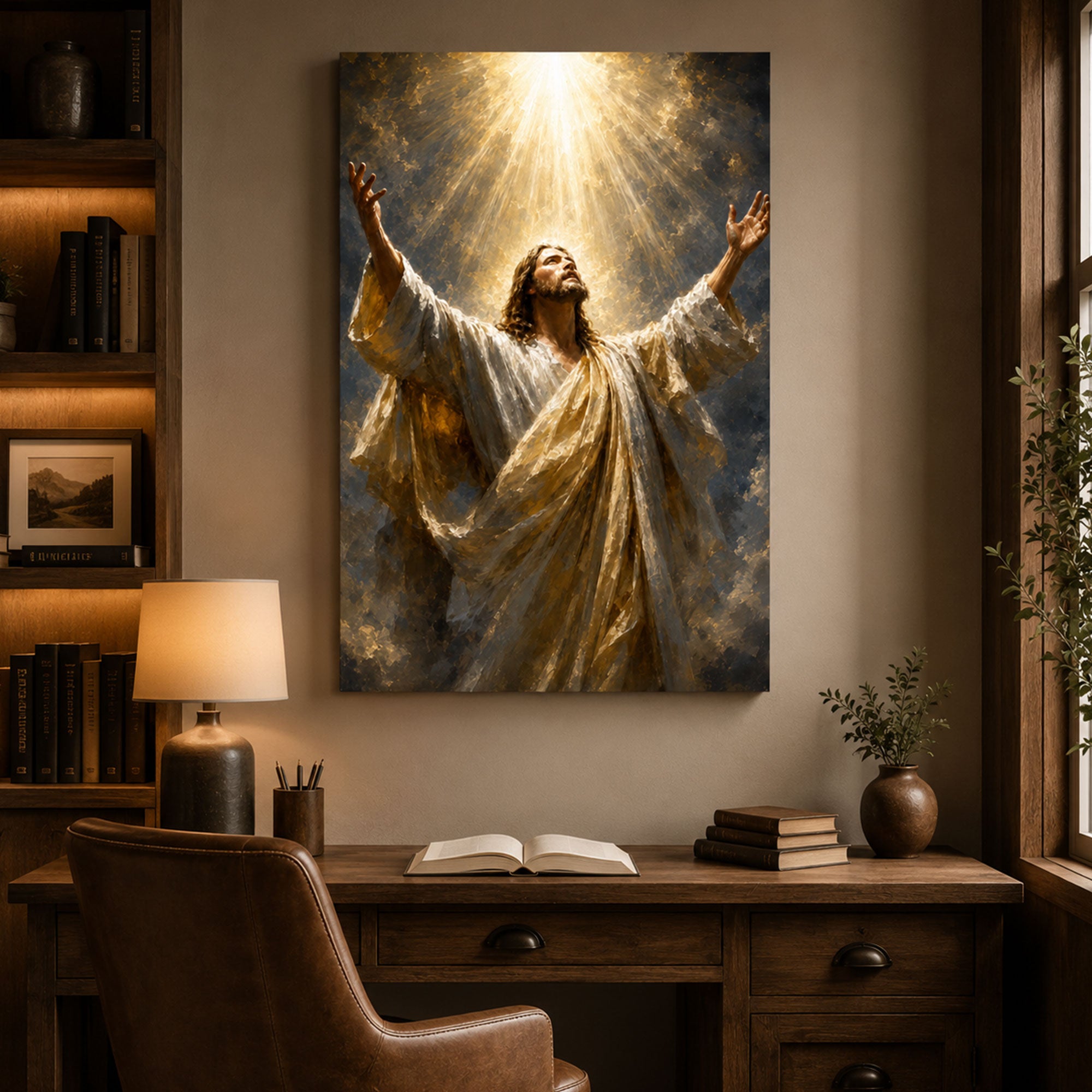Jesus in Heavenly Light Canvas Print, Christian Worship Wall Art, Faith Home Decor