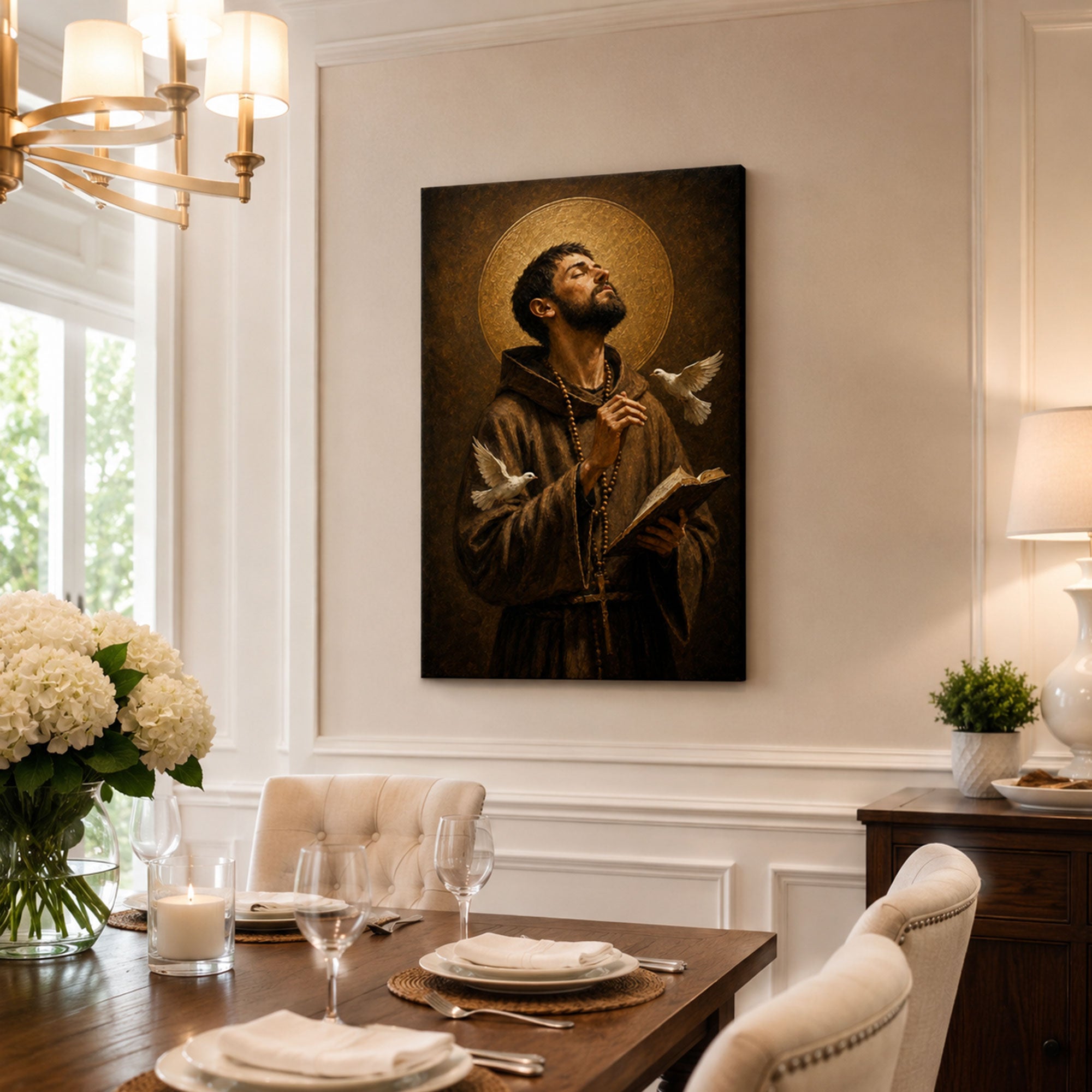 Saint Francis of Assisi Prayer Canvas Print, Catholic Saint Wall Art, Doves and Bible Faith Home Decor Gift