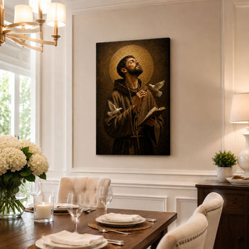 Saint Francis of Assisi Prayer Canvas Print, Catholic Saint Wall Art, Doves and Bible Faith Home Decor Gift