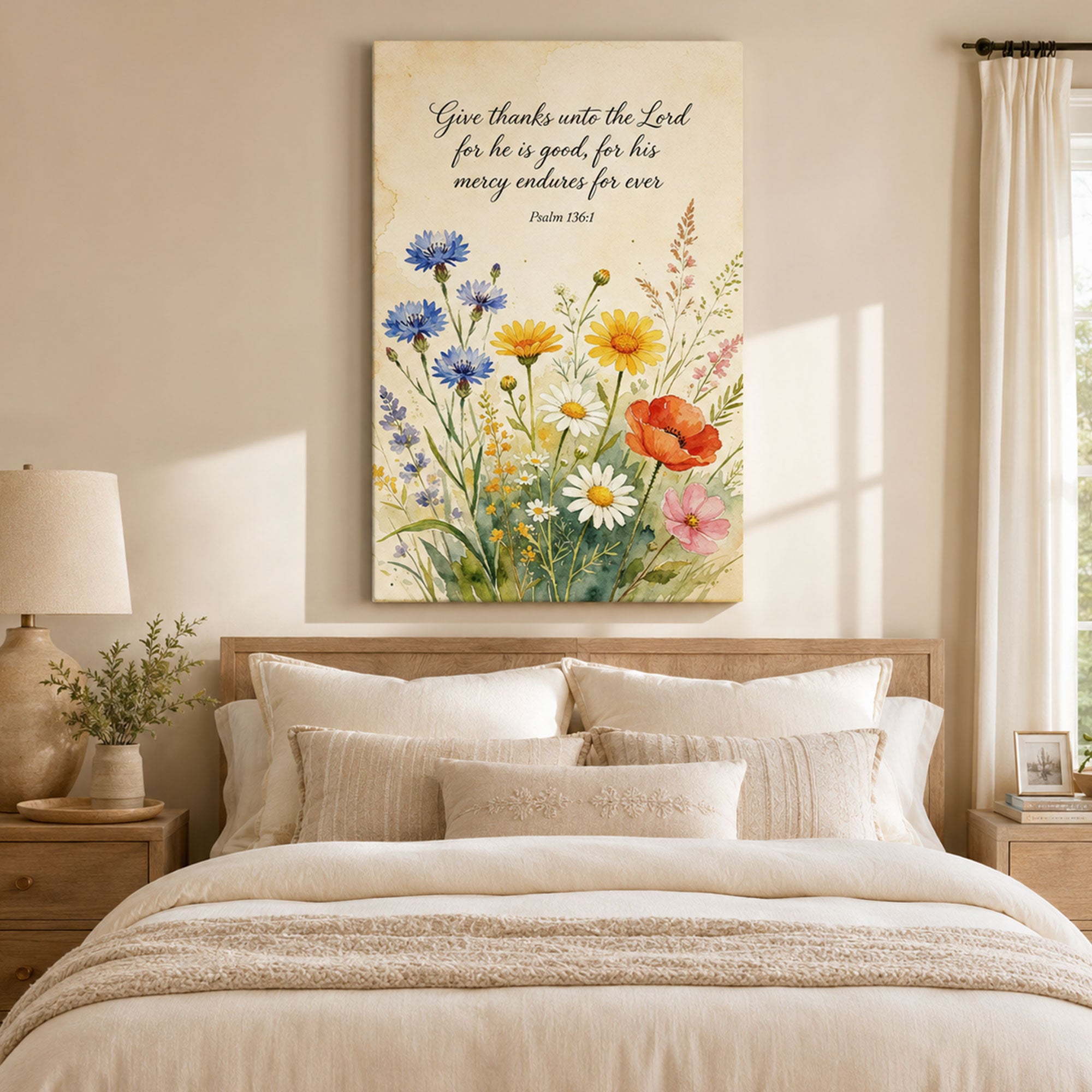 Psalm 136:1 Wildflowers Christian Canvas Print, Give Thanks to the Lord Scripture Wall Art, Religious Home Decor Gift