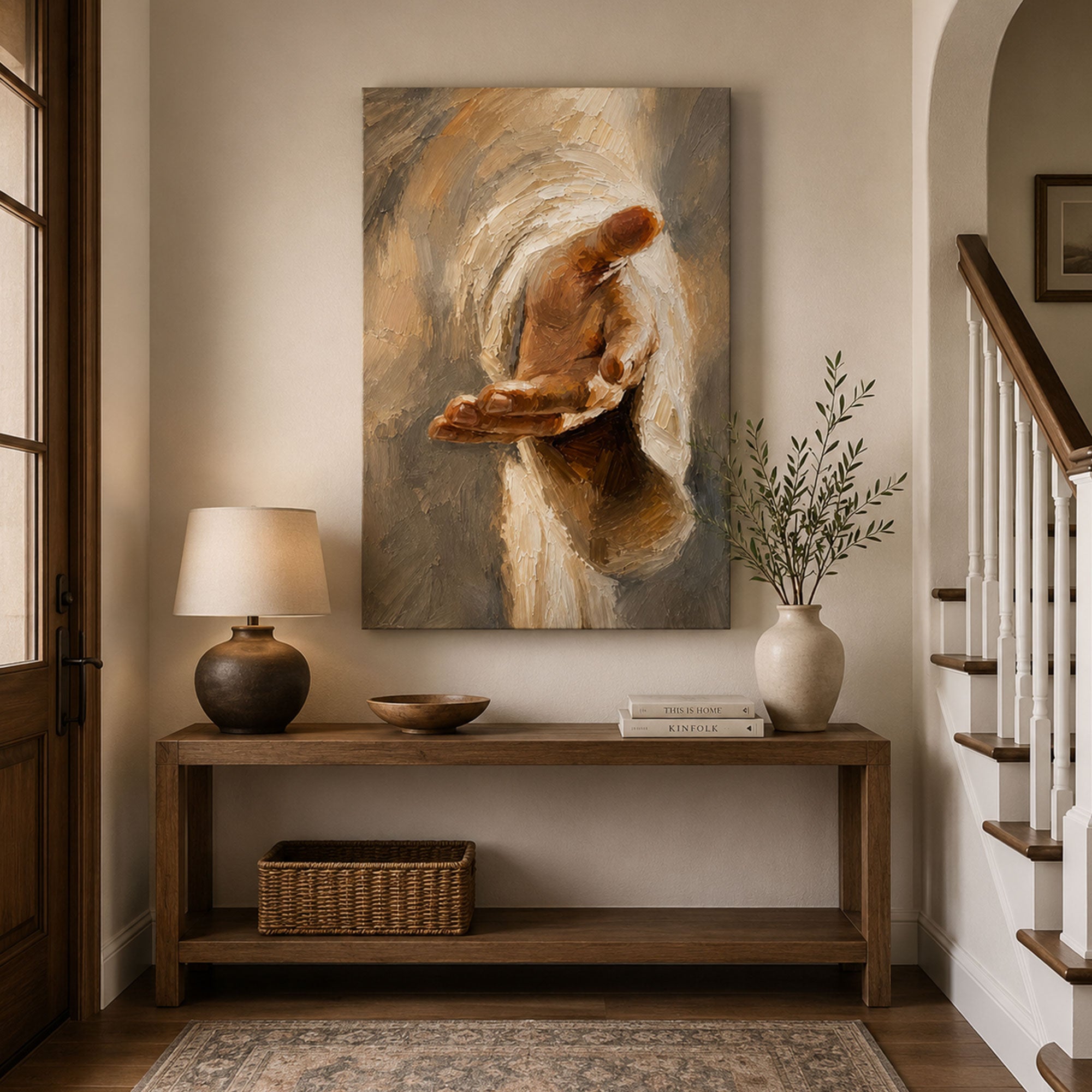 Jesus Reaching Hand Canvas Print, Soft Brush Christian Wall Decor for Home